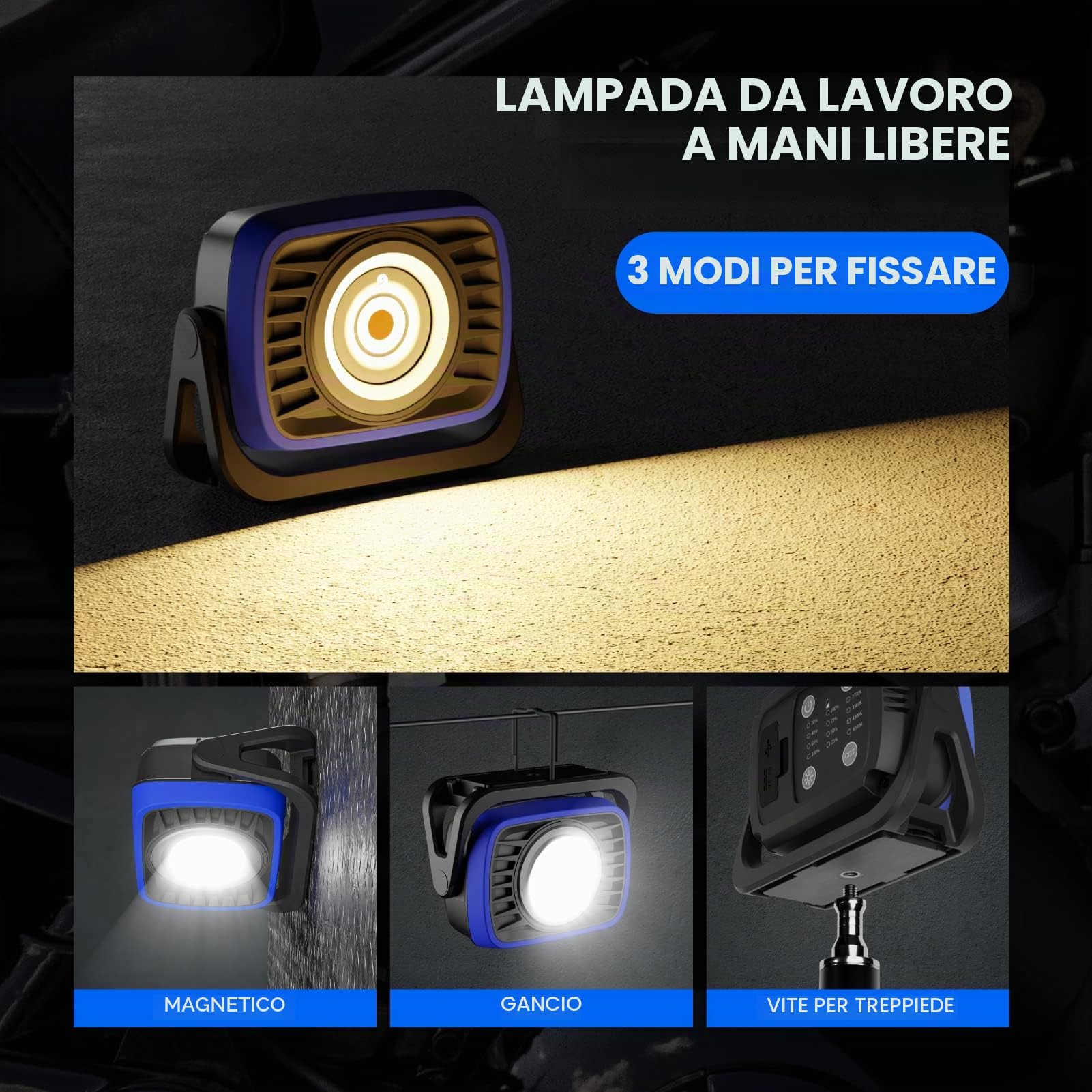 Lampada da Lavoro Meccanico Portatili a LED COB Ricaricabile Magnetica, 2000Lm Alta luminosità Dimmerabile, 4 Livelli di Colori di Illuminazione Regolabili, per Officina Campeggio Emergenza