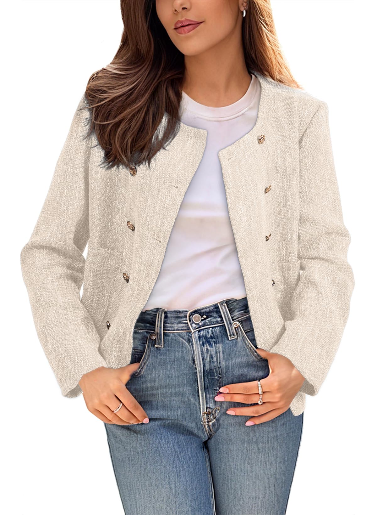 Happy Sailed Womens Cropped Tweed Blazers Casual Long Sleeve Double Breasted Open Front Blazer Jackets Work Suits