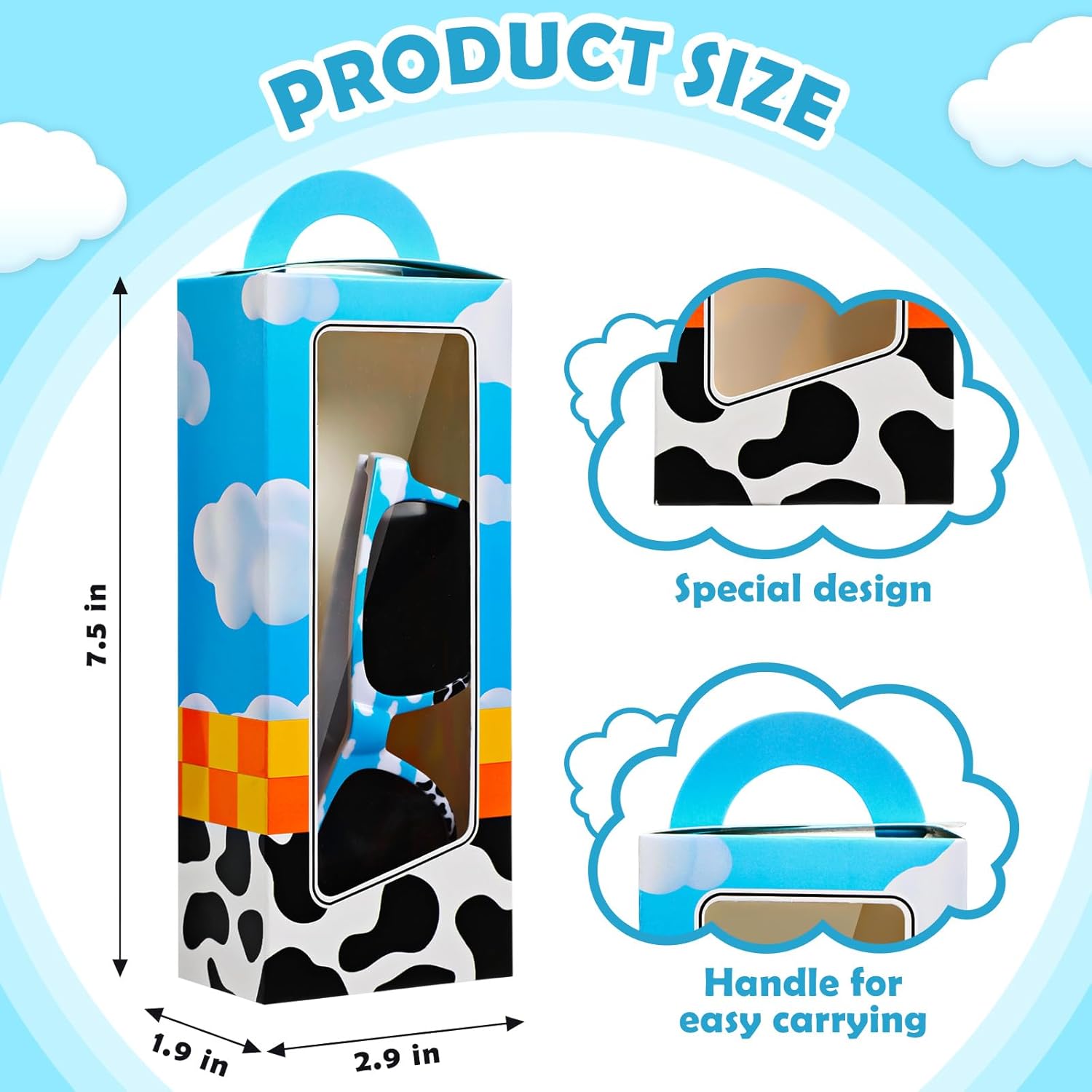 12 Sets Cartoon Farm Party Favors Includes Cow Pattern Party Gift Boxes Blue Sky White Cloud Sunglasses DIY Christmas Birthday Supplies