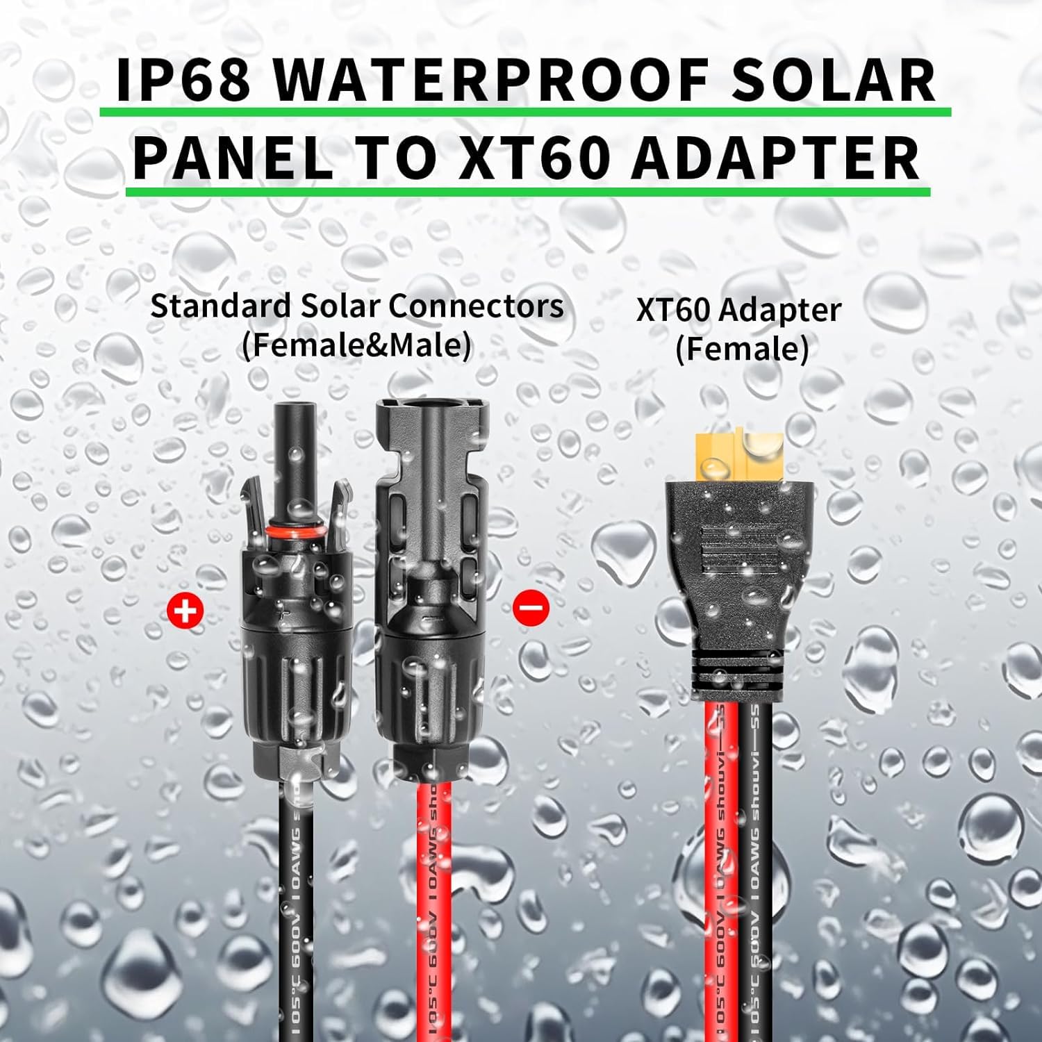 Conector de panel solar a XT60 Cable conector de 50 pies, 10 AWG Solar a XT60 Cable de extensión de carga XT60 (enchufe hembra) para panel solar plegable RV, estación de energía portátil, generador