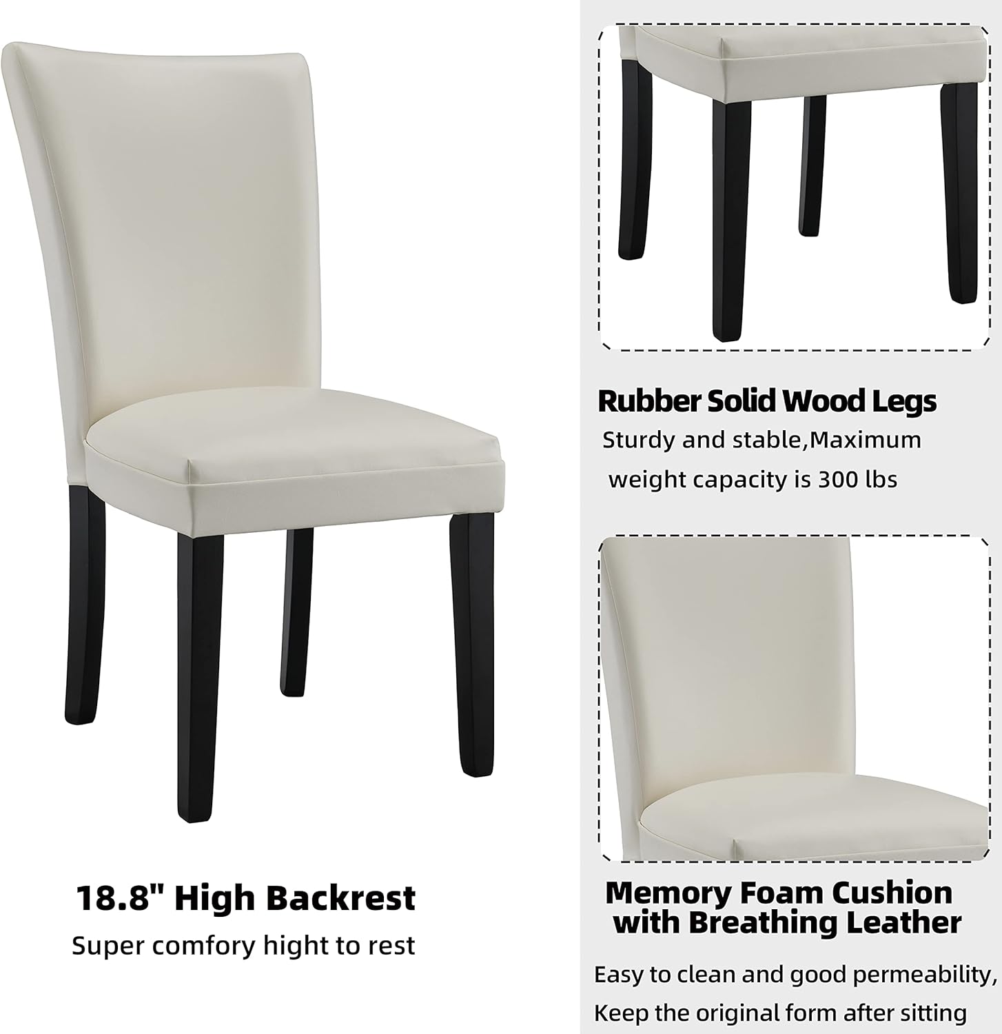 Parsons Dinning Chairs with Leather Surface Set of 2, Solid Wood Accent Side Chairs with High Back, Simple Office Chairs, Upholstered Seat, Holds Up to 300 Lbs, Easy Assembly Ivory White CY1331WT