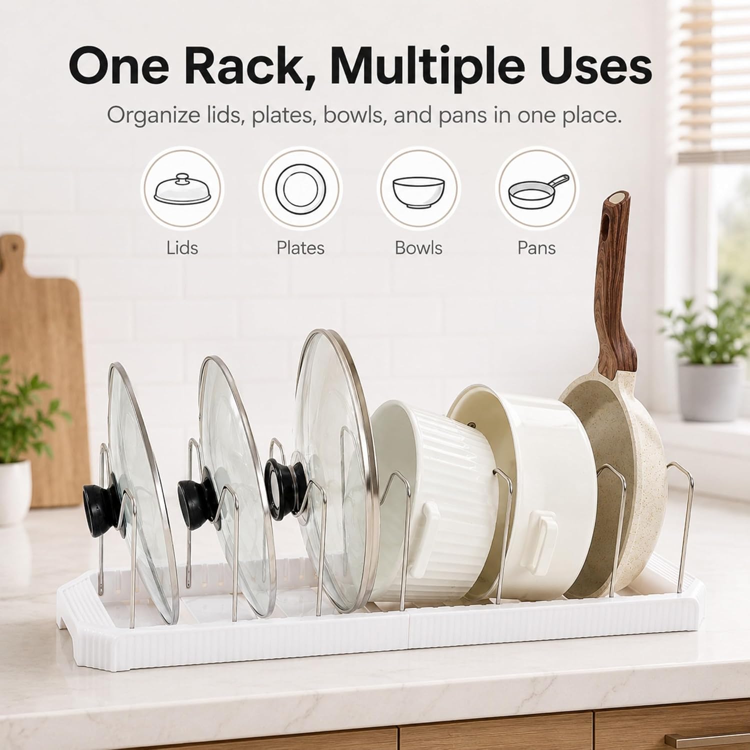 Pots and Pans Organizer Under Cabinet, Adjustable Pan Organizer Rack