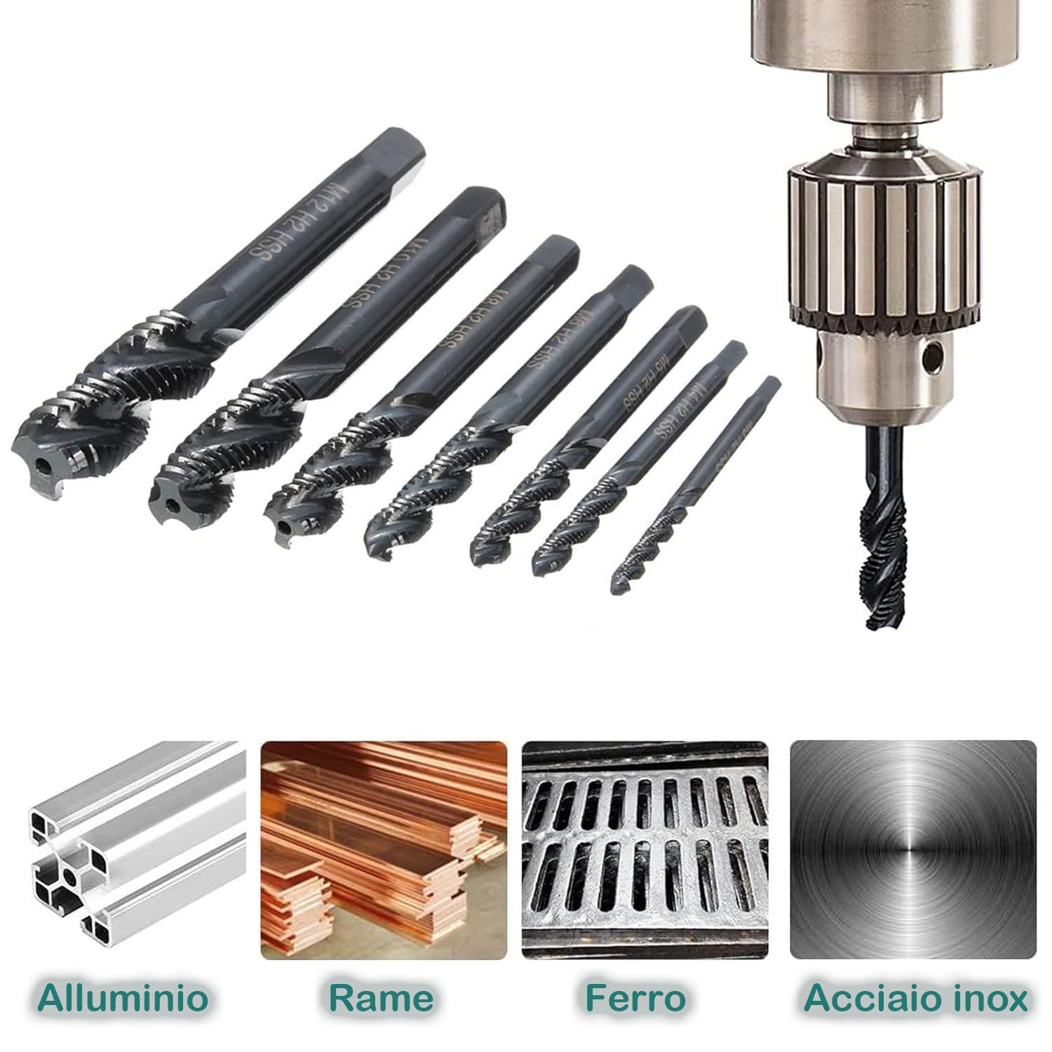 Maschi a filettatura interrotta a spirale in nitruro HSS 6542 M3 M4 M5 M6 M8 M10 M12 Set 7 pezzi per metallo legno