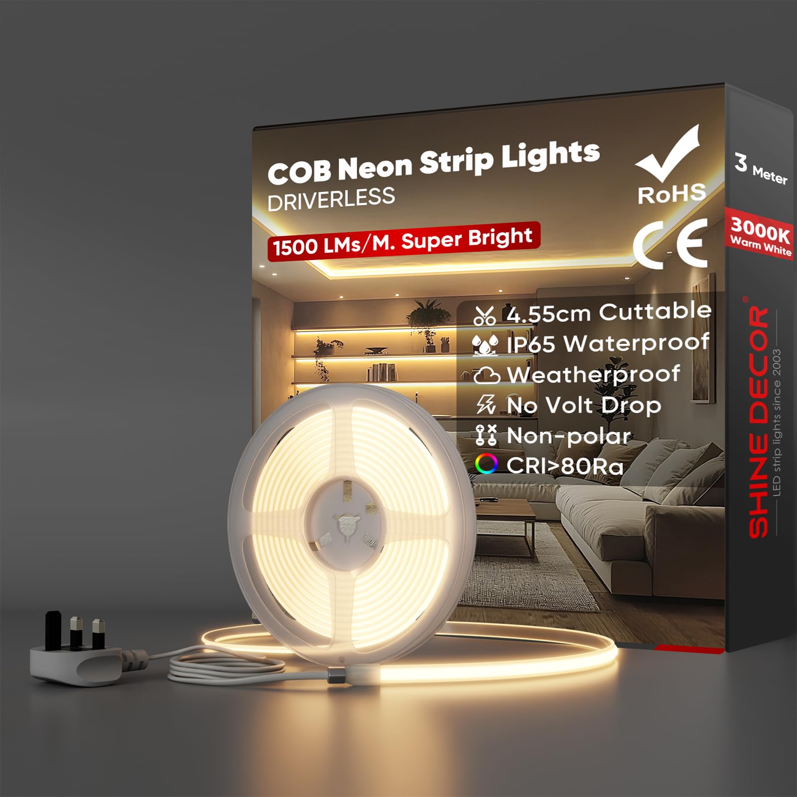 Shine Decor Flexible COB LED Strip Light,AC 220V 230V IP65 Waterproof,Cut Every 4.55 cm,286 LEDs/m Ultra-High Brightness with UK Plug for Kitchen Wardrobe Garden (3 Meter,Warm White,CE Certified)