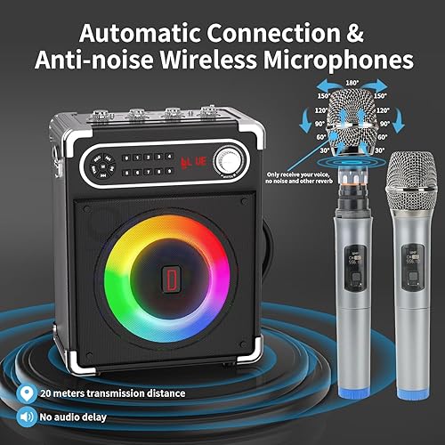 Miniatura 5 de Máquina de karaoke con 2 micrófonos inalámbricos, altavoz portátil Bluetooth 5.1 para adultos y niños, ajuste de gravesagudos, sistema PA con