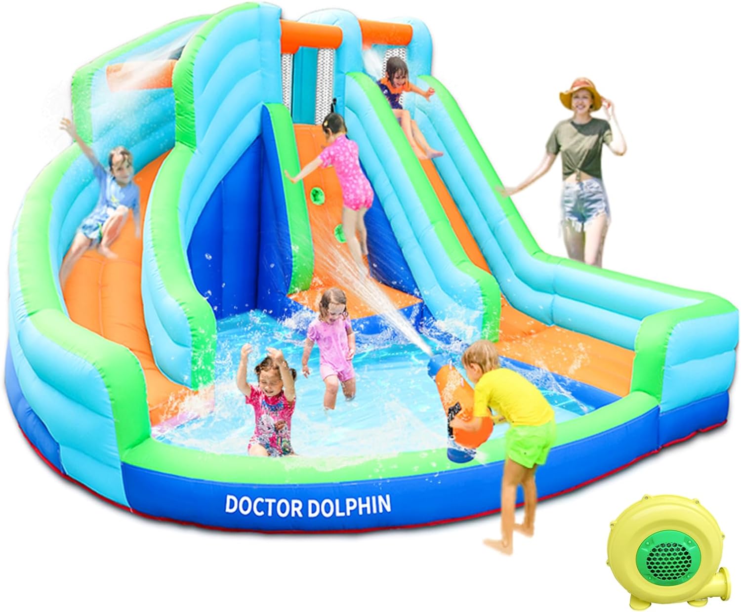 Doctor DolphinIn Bounce House,Water Jumper Slide,Water Bounce Slide House,Inflatable Water Park with Splash and Slide