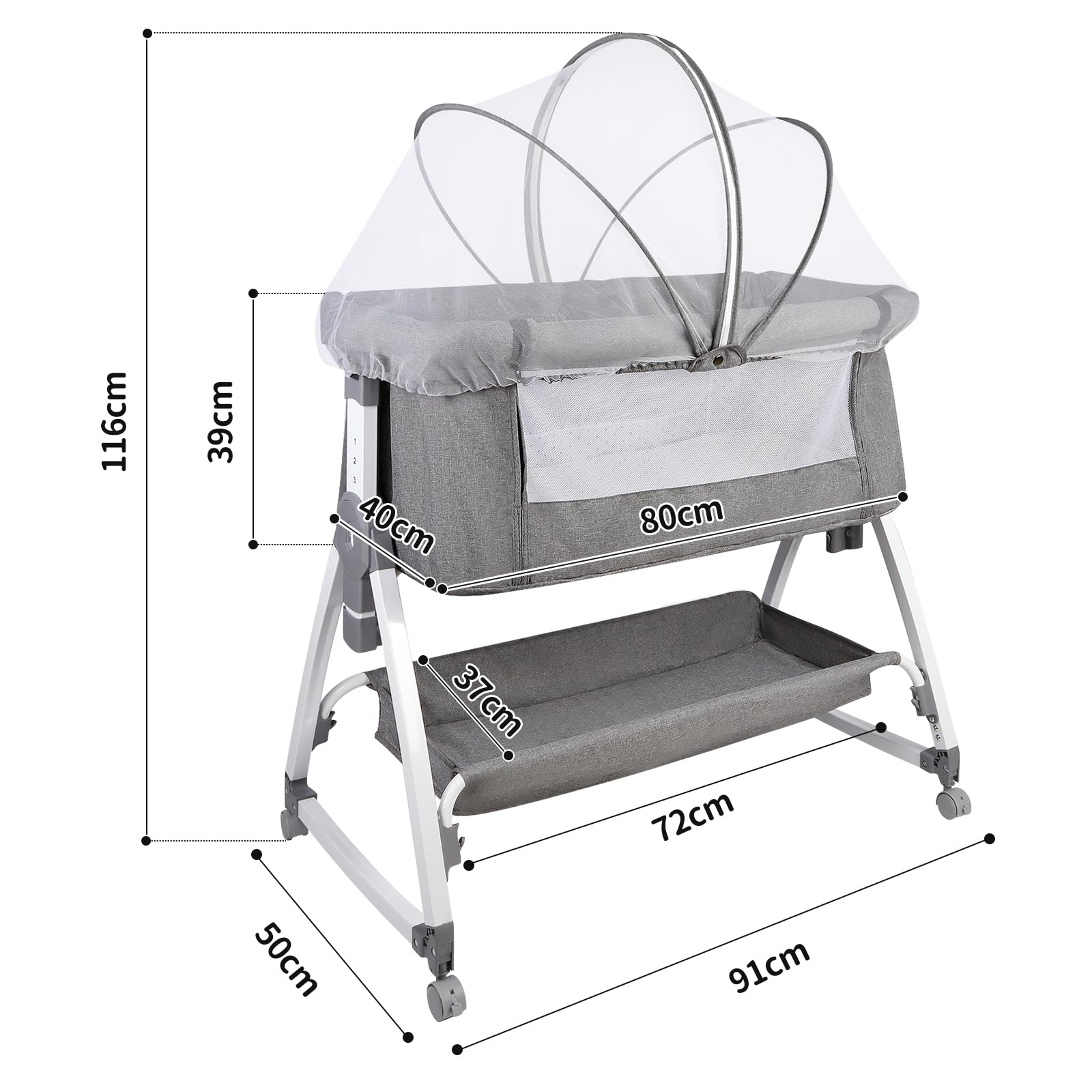 HUOLE Cuna 3 en 1 hasta 30 kg, Cuna de colecho, Cuna Mecedora, Ajuste de Altura e inclinación del colchón, 4 Ruedas con Freno, Colchón Ergonómico, Bolsa-80 * 40 * 100-115cm-lino