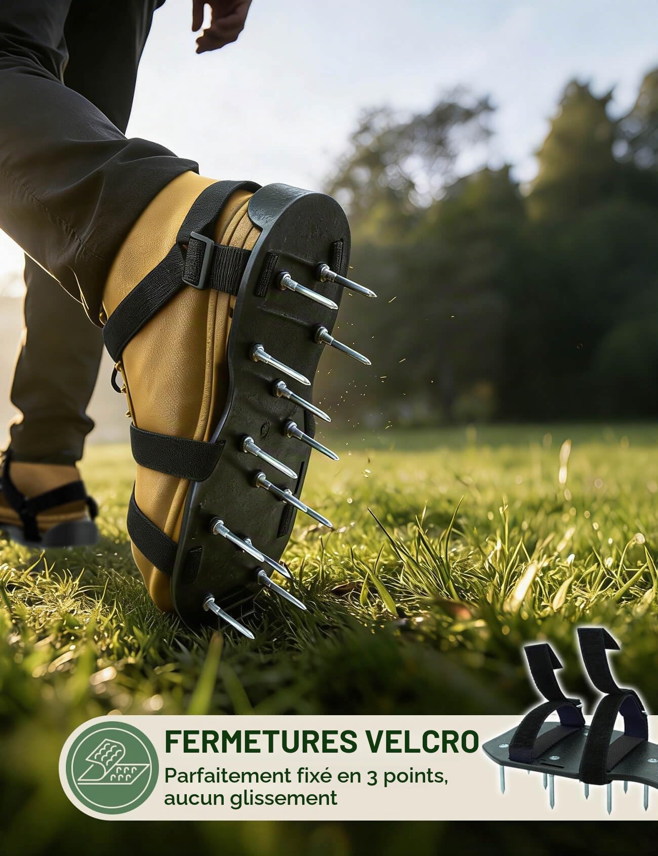 Sandales Aérateur Pelouse Installation Gratuite avec doubles sangles sur le dessus du pied, Chaussure à Gazon Chaussures à Ongles Scarificateur Gazon Chaussures pour Gazon, 4 pointes de rechange