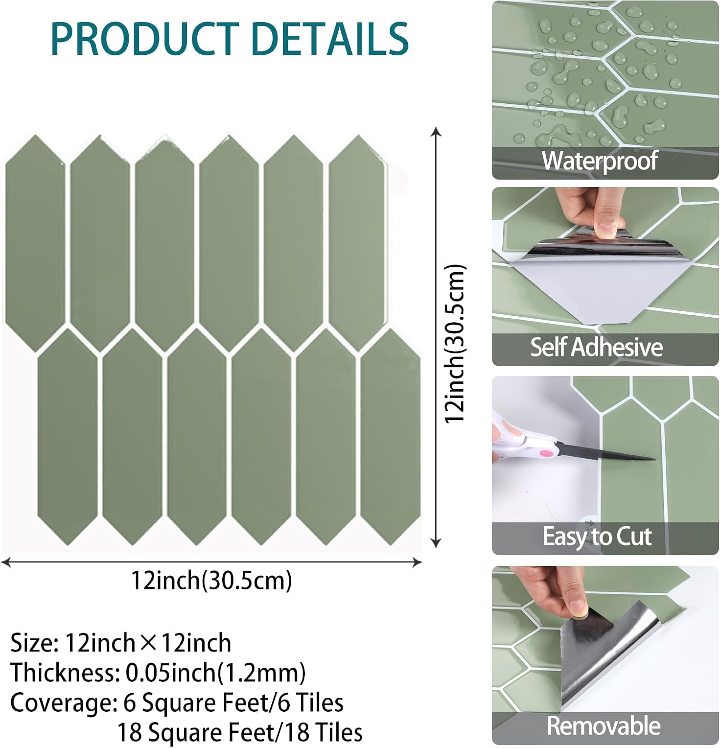 VaryStyle Sage Green Backsplash Tile Peel and Stick Kitchen Backsplash Long Hexagon Wall Tiles Self Adhesive Sticky Waterproof Vinyl Mosaic Back Splashes Stickers for Shower Walls Stove 12"x12" 18PCS