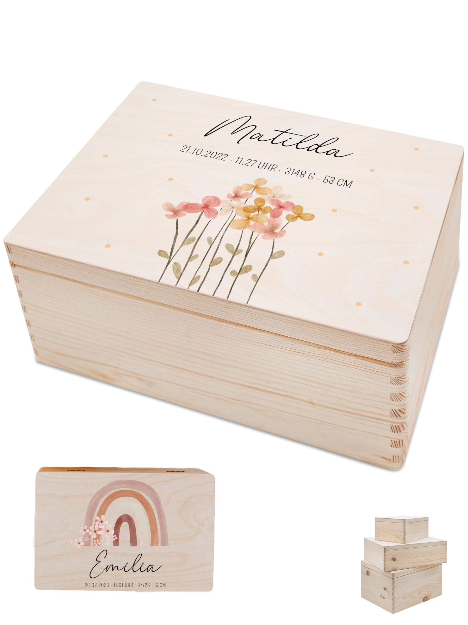 Bärenfreunde - Personalisierte Erinnerungsbox Baby mit Spezial-Druck - Individuelle Baby Erinnerungsbox - Erinnerungskiste aus Holz - Geschenk zur Geburt (M | Klappdeckel,Blumen Punkte)
