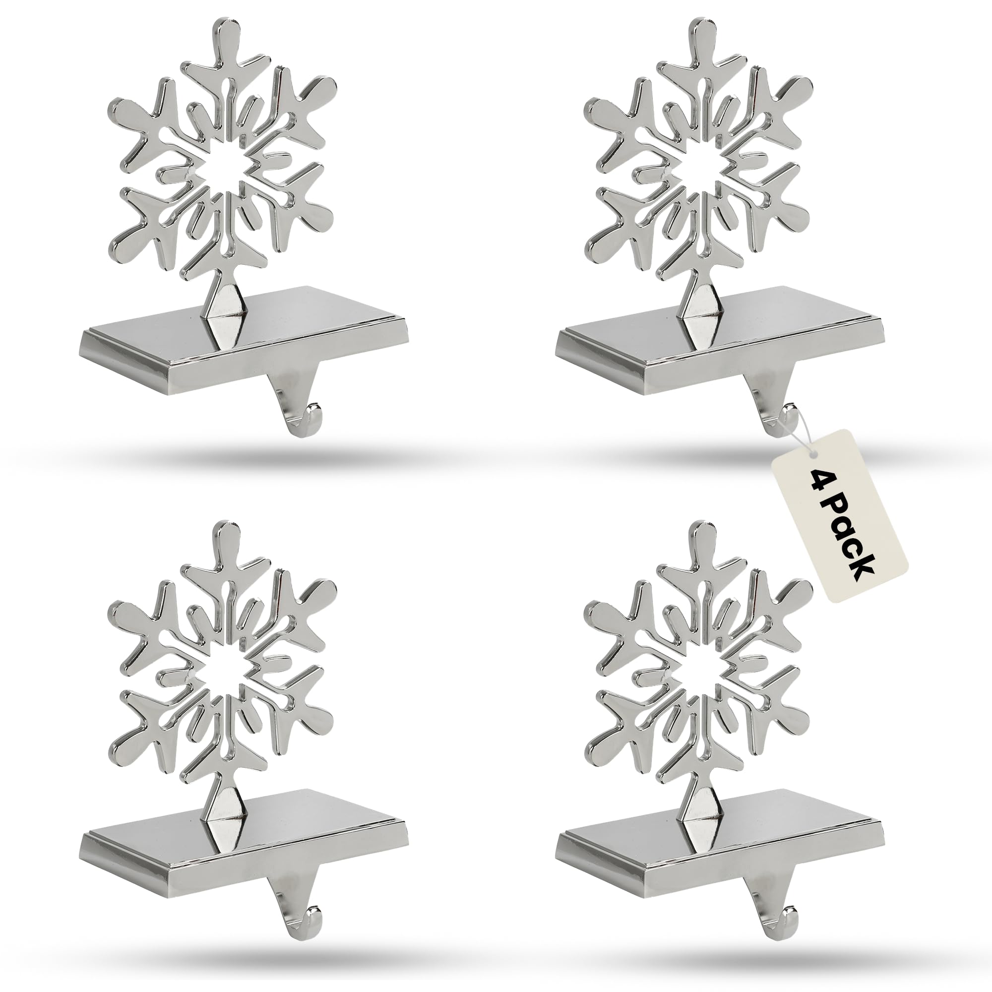 Iconikal 4-Pack Stocking Holders Christmas Chrome Metal Snowflake Weighted for Mantle, Holiday Fireplace Hangers