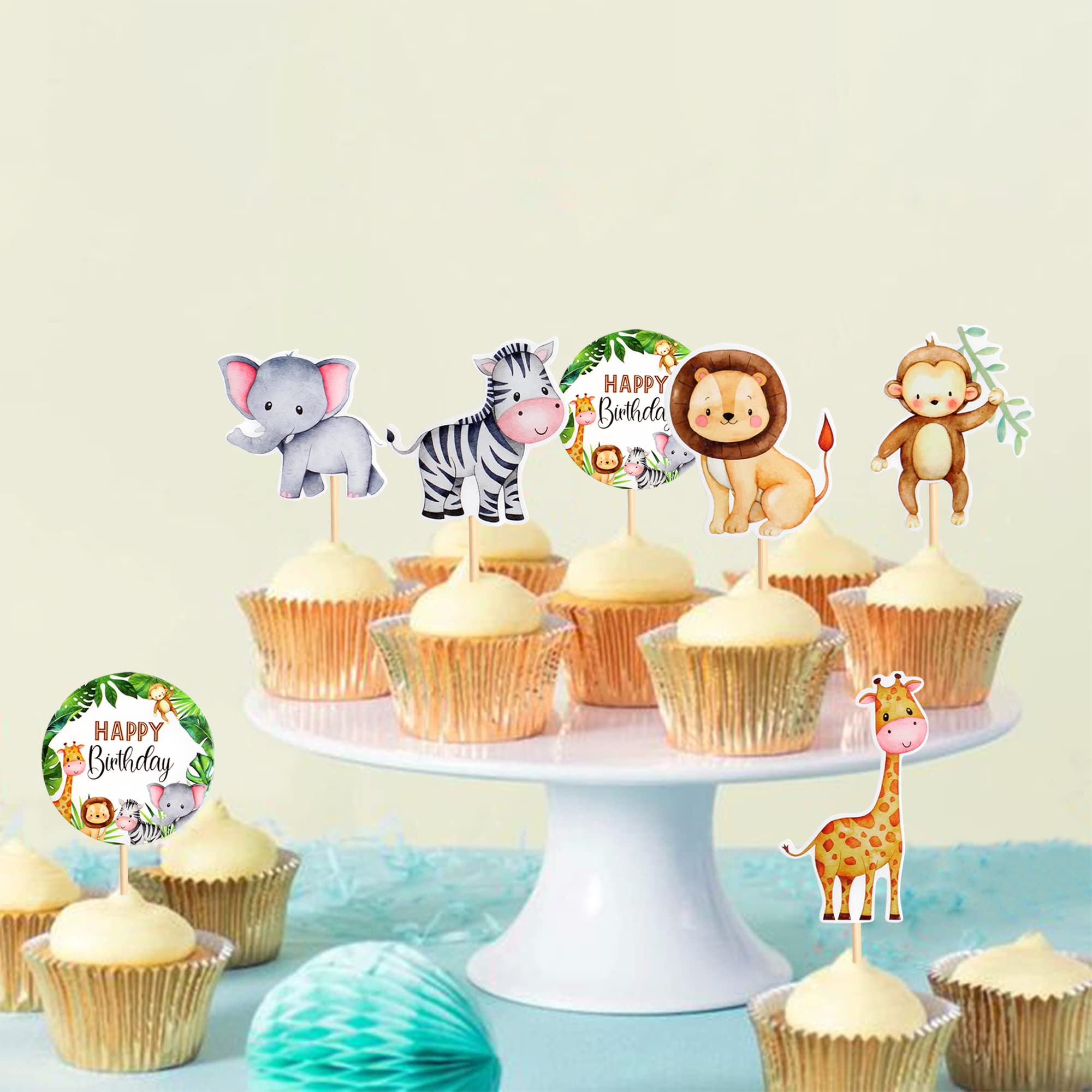 24 Stück Jungle Safari Animal Cupcake Toppers Happy Birthday Cake Decor für Kinder Wild Jungle Animal Theme Birthday Party Supplies Feiern Party Events Baby Shower