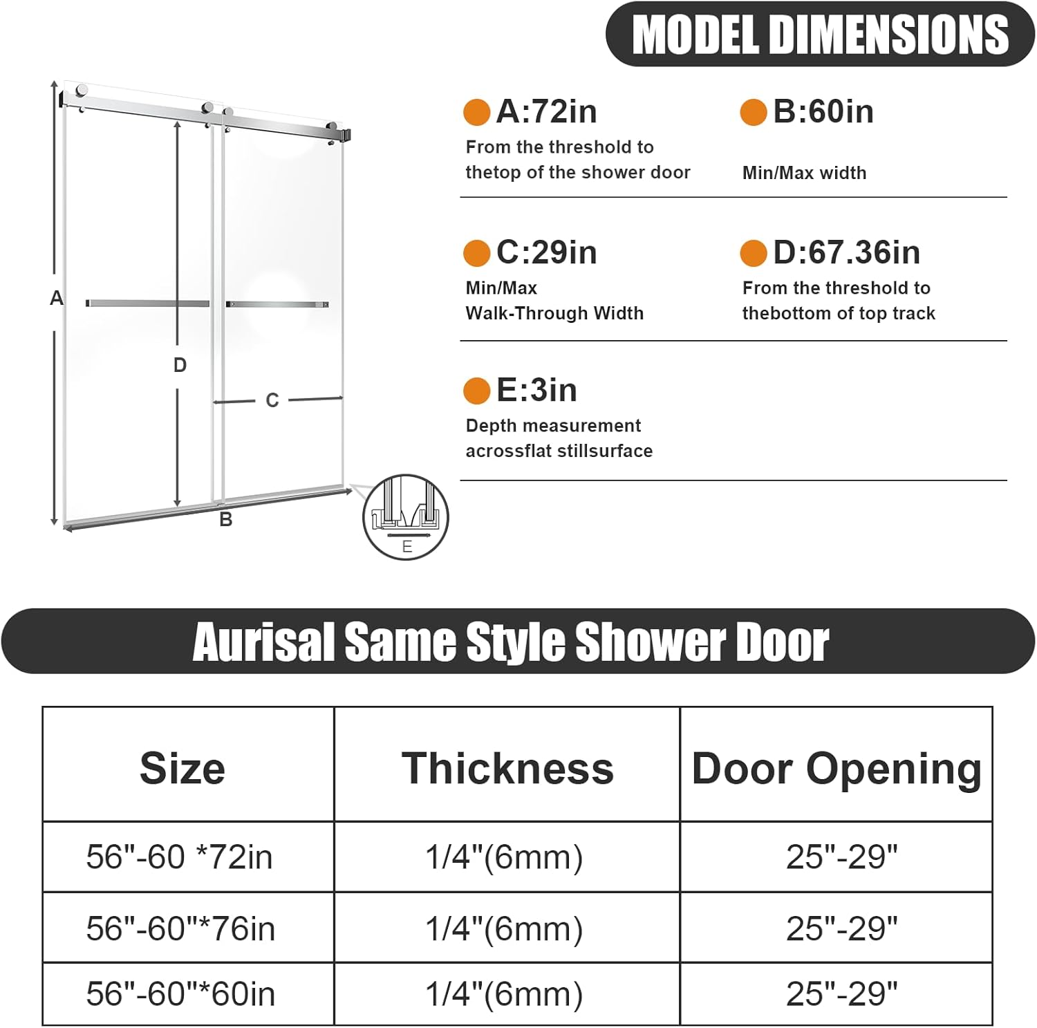 Frameless Stainless Steel Sliding Shower Door, 56-60" W x 72" H - 1/4” (6mm) Thick Tempered Glass Rust-Proof Glass Shower Door with Dual Tracks in Brushed Nickel