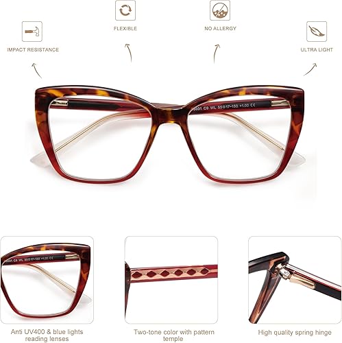 Miniatura 5 de AMOMOMA - Anteojos grandes y a la moda de lectura para mujer, de TR90, para la luz azul, con elegante diseño cuadrado tipo ojo de gato, AM6031