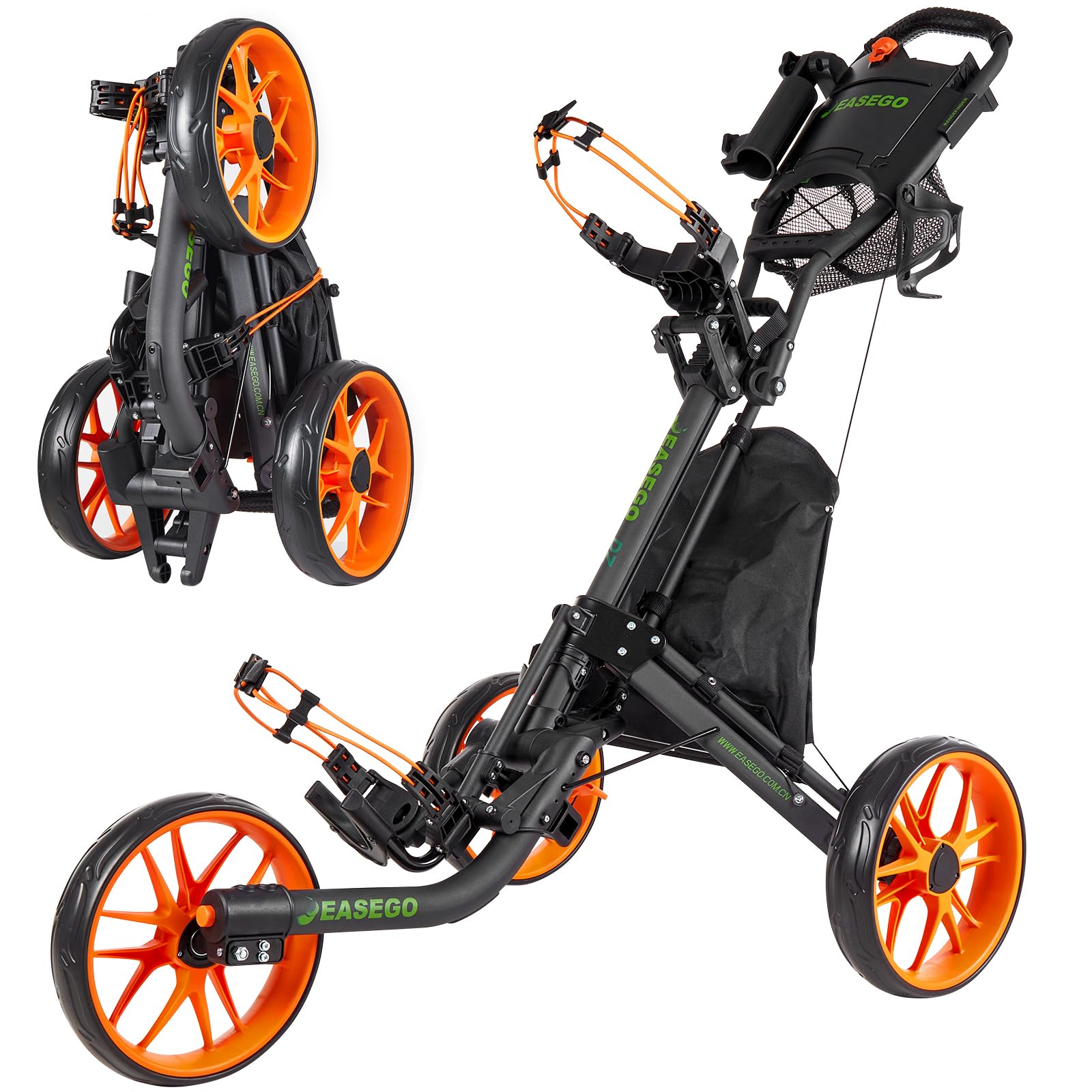 Golf Push Cart 3 Wheel : Golf Bag Cart Foldable with Phone/Cup/Umbrella Holder Compact Golf Pull Carts Quick Fold Golf Caddy Push Carts with Large Wheelbase for Different Terrain (orange color)