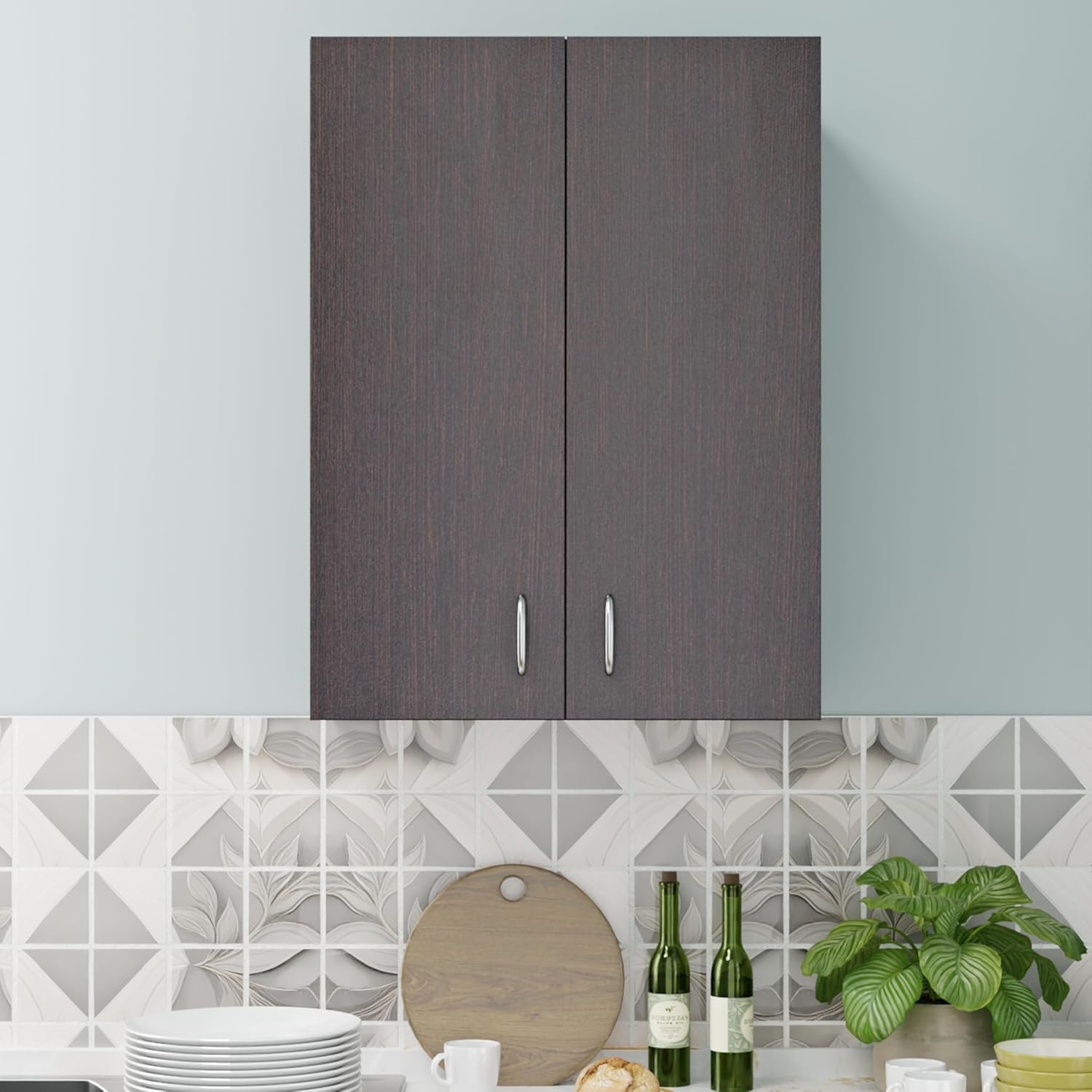 Modular Kitchen Wall Cabinet, Dark Wood Finish, Double Door with Chrome Handles Two Door Cabinet | Space Saving Rack for Spices | DIY Home Storage Cupboard (Dark Wenge)