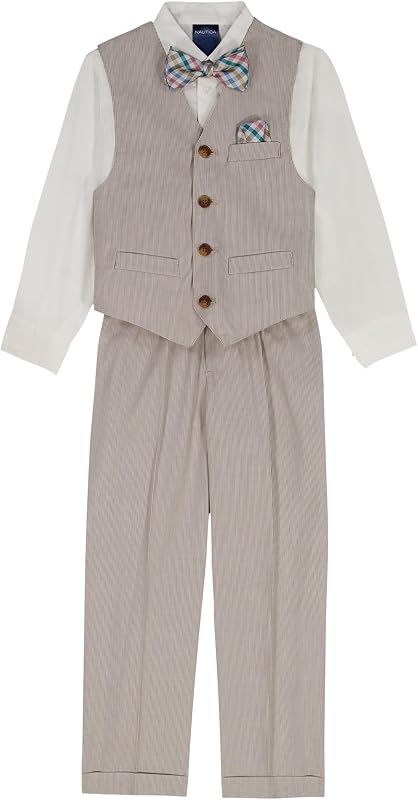 Nautica Conjunto de traje formal de 4 piezas para niño con chaleco, pantalones, camisa de vestir con cuello y corbata