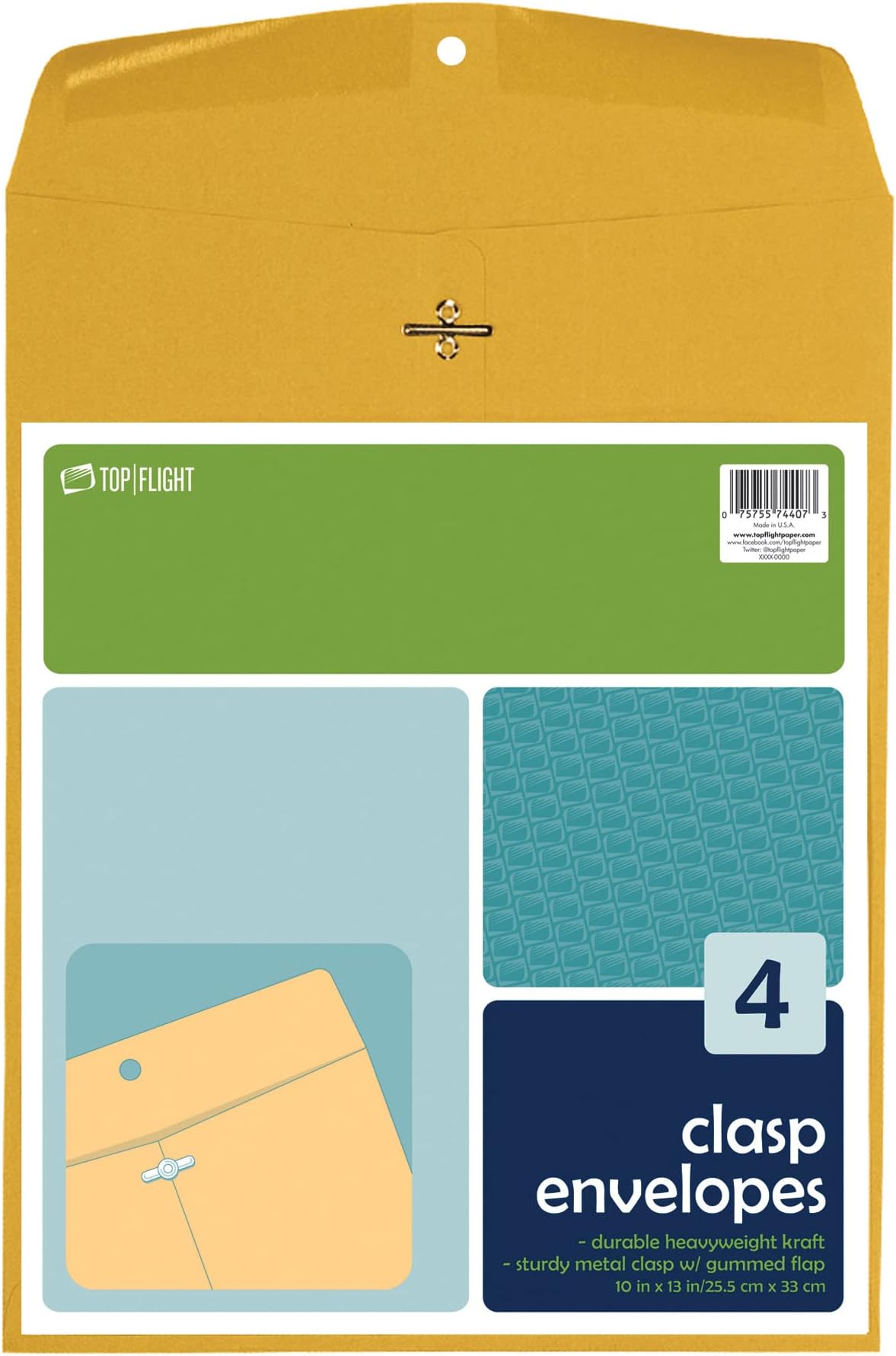 Top Flight Clasp Envelopes, Gummed and Clasped Closure, 10 x 13 Inches, Brown Kraft, 4 Envelopes per Pack (6911021)