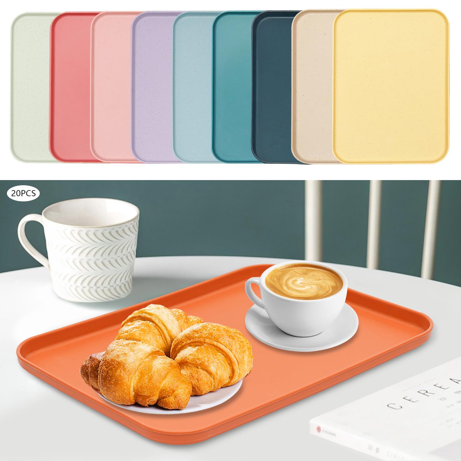 Bandeja rectangular para servir, 20 unidades, para servir, bandejas de plástico, para restaurante, mesa de café y cocina, 31 x 22 cm (10 colores)