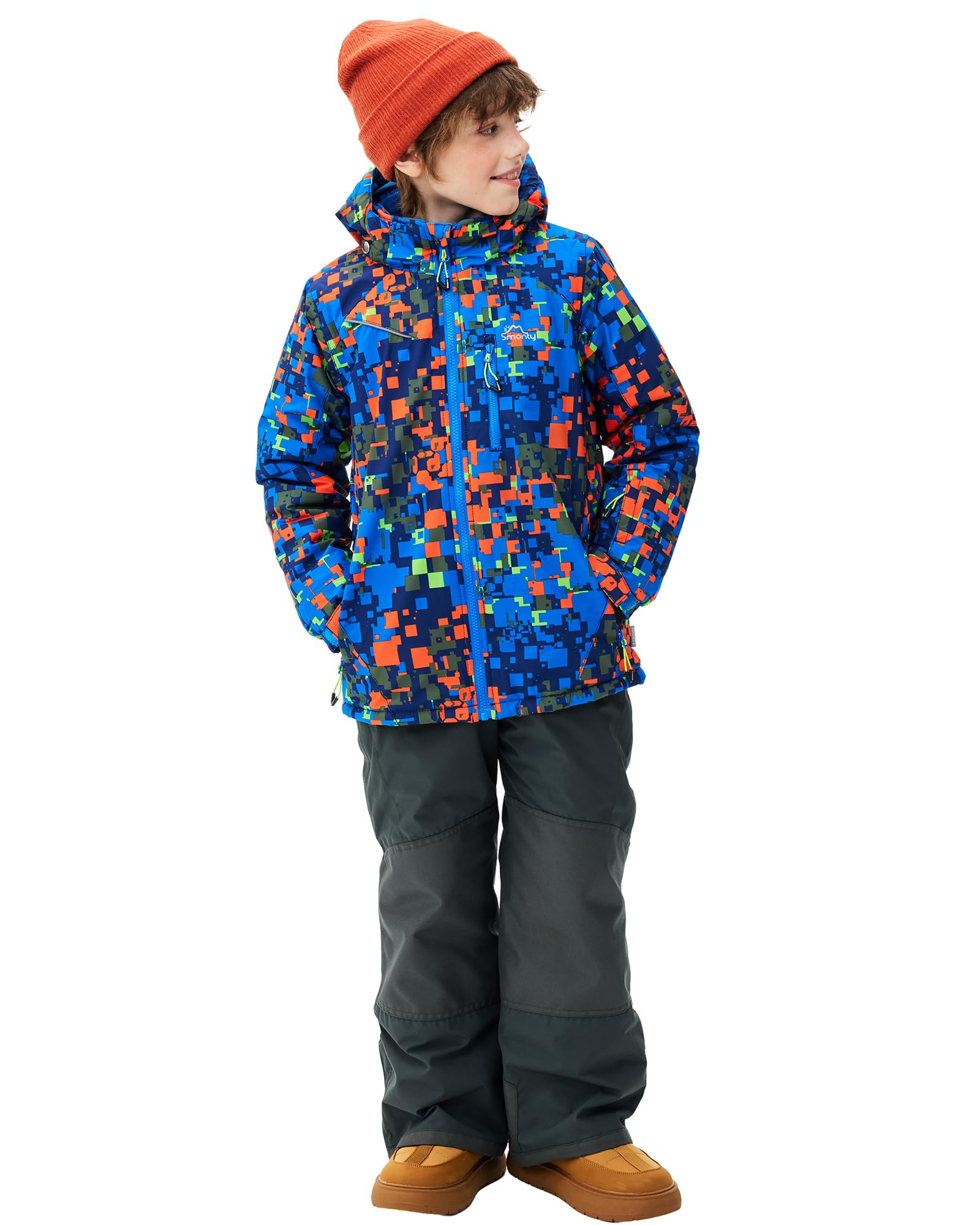 SMONTY Tuta da Neve per Ragazzi Giacca da Sci Invernali e Pantaloni Cinghie con Cappuccio Cappotto Set Impermeabile Antivento