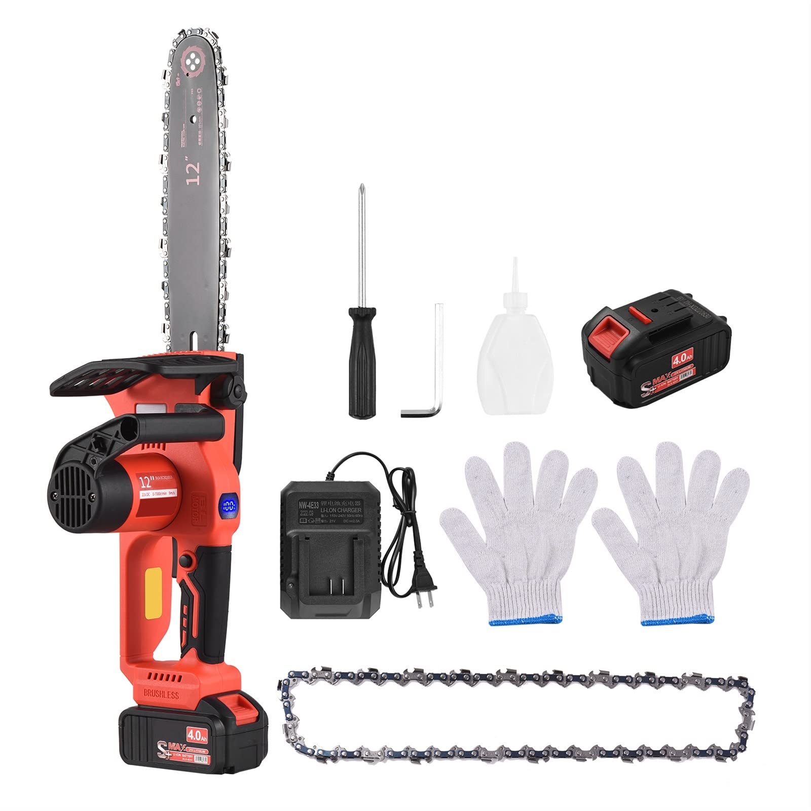 Tronçonneuse électrique sans fil 21V, 12 pouces, scie à chaîne portative, 4,0 ah, cisaille de taille de branche Rechargeable(1 Battery)