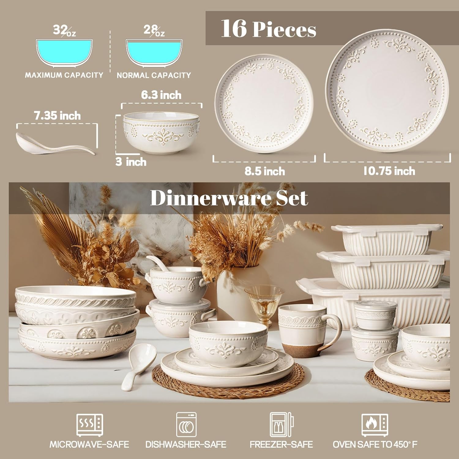 Artena Plates And Bowls Sets, 16 Pieces Dinnerware Sets, Dish Set For 4, Ceramic Kitchen Bowl And Plate Set, Embossed White Dishware Sets, Dishwasher & Microwave Safe (Damask Floral) - Image 5