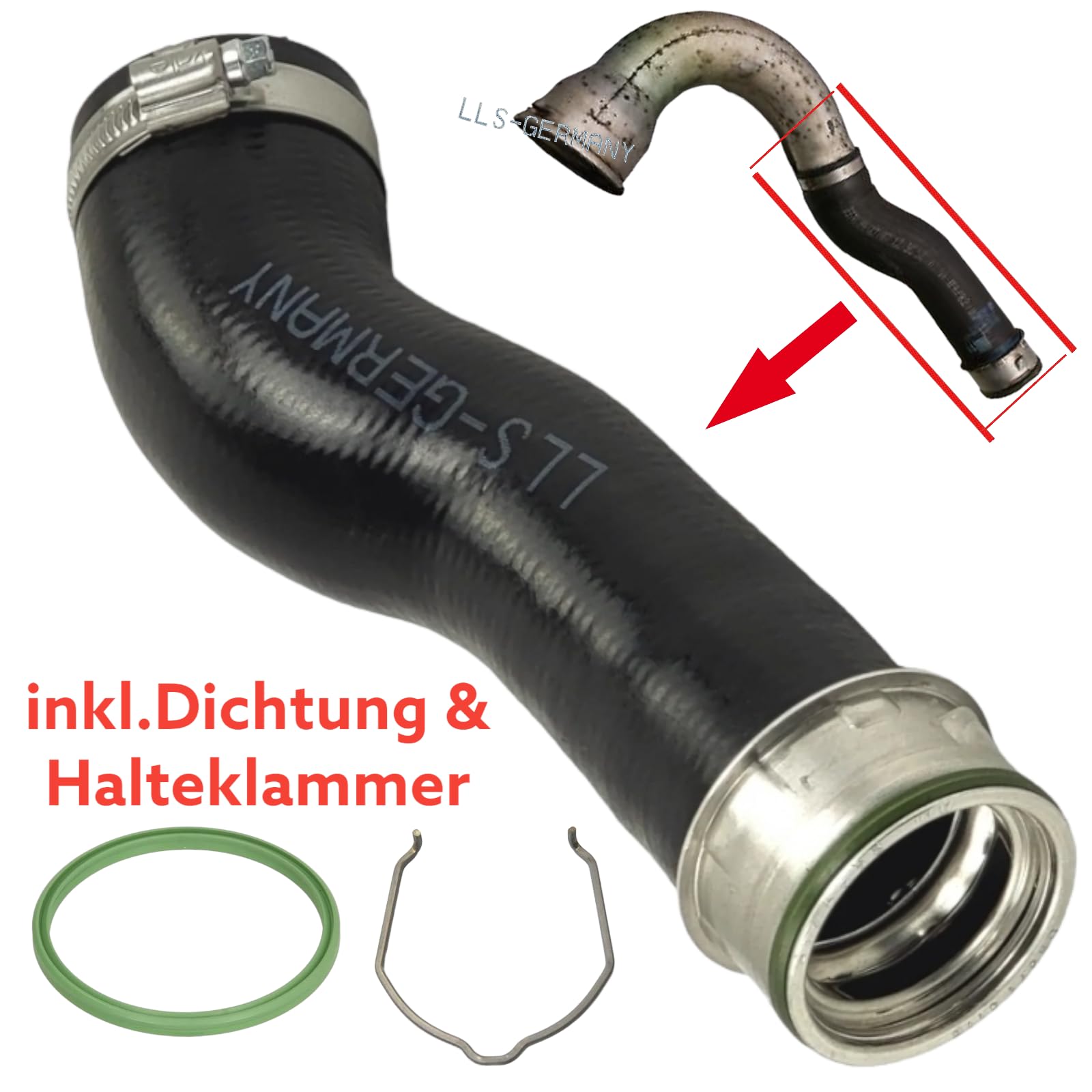 LLS-GERMANY Ladeluftschlauch Turboschlauch kompatibel mit VW T5 Transporter 2.5 TDI 7H0145708J inklusive Halteklammer