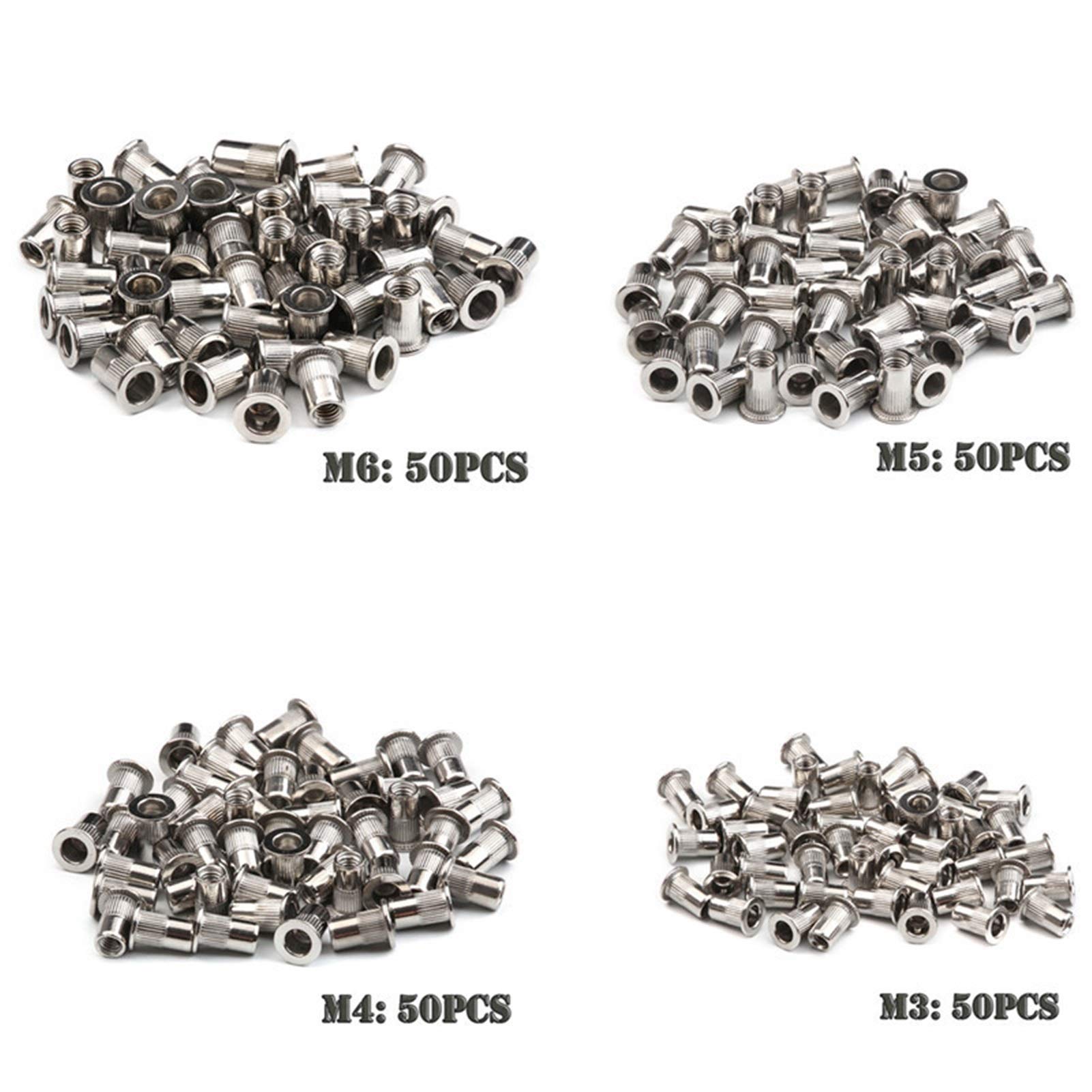 Dadi rivettati filettati, Dadi rivettati a testa piatta in acciaio inossidabile, confezione da 200 M3-M6 multicolore(Silver,M3-M6 200pcs)