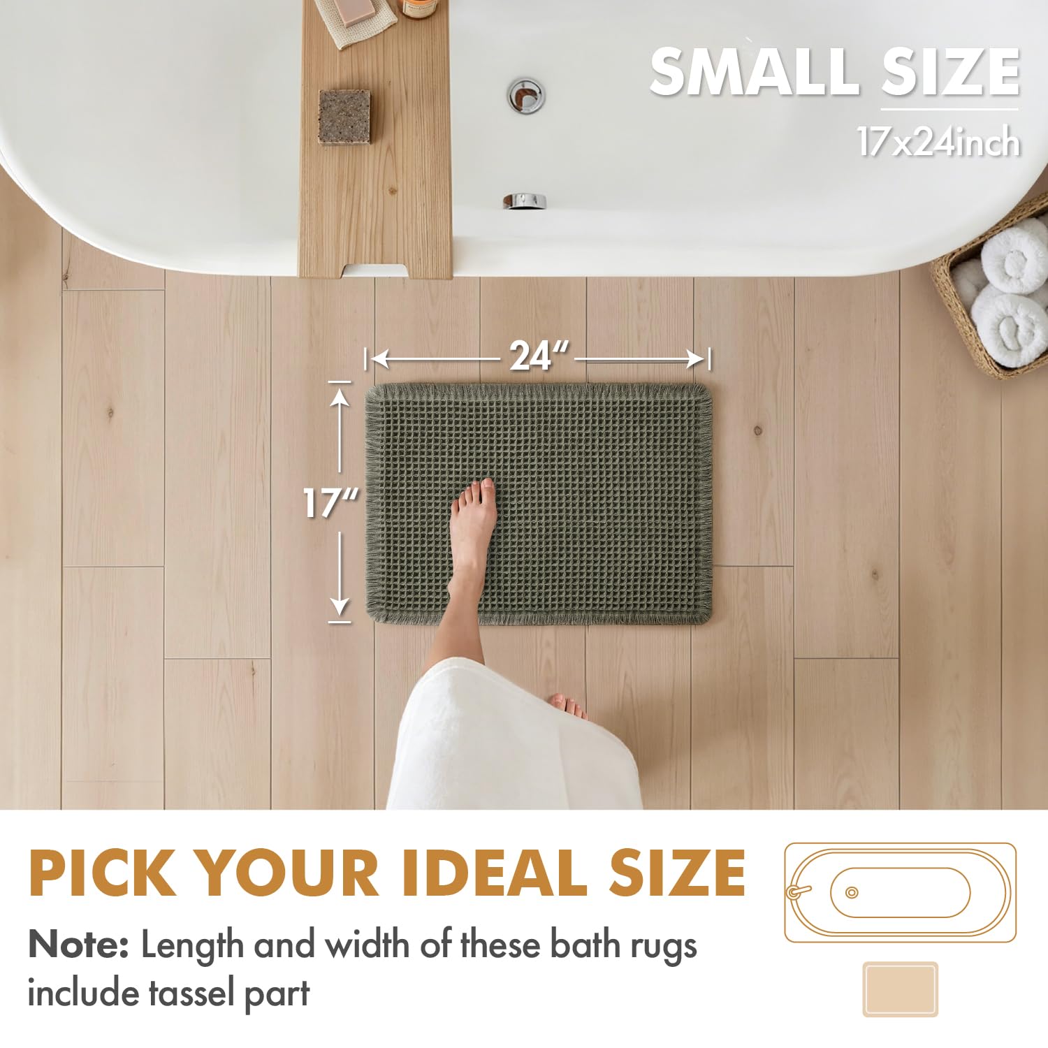 Condition photo showing New/Like New for miulee set of 2 waffle bathroom rugs boho bath mat green 17x24 inch | non slip, super absorbent, washable, ultra soft, rubber backed, small bath rugs for bathroom floor tub shower