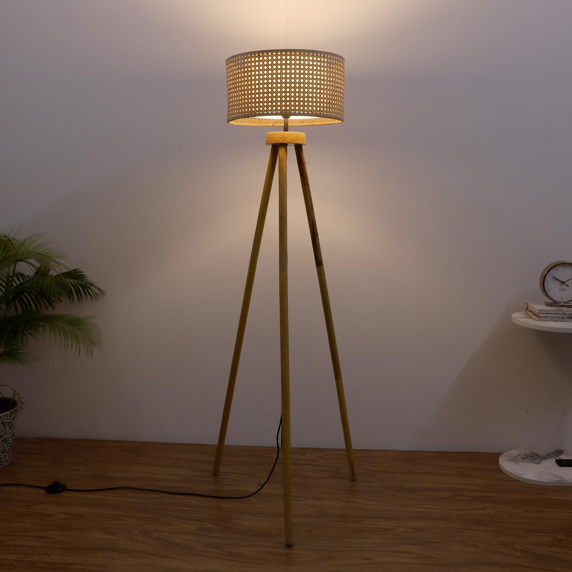 AKWAY Bamboo Tripod Floor Lamp for Living Room | Cane Floor Lamp for Home | Rattan for Living Room | Standing Lamp Wooden Floor Standing lamp for Bedroom (14" D X 8" H) - Astara-image-2