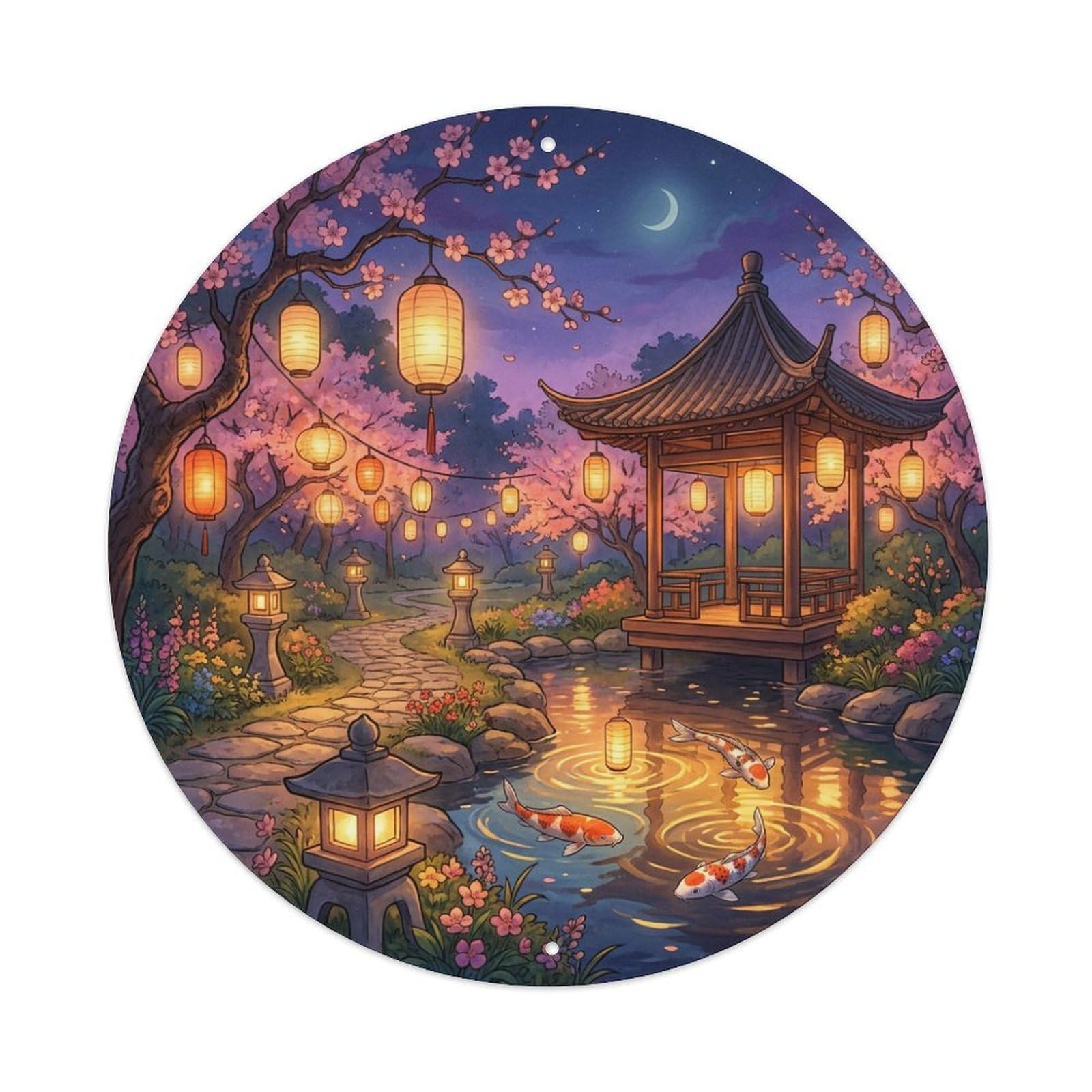 Tgrcjimh Style Metal Tin Sign Japanese Koi Fish Evening Lanterns Warm Glow 1