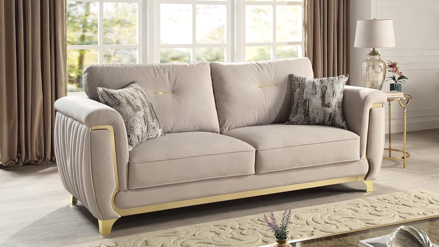 Modern Upholstered Sofa: Gold Accent Wood Frame Luxury