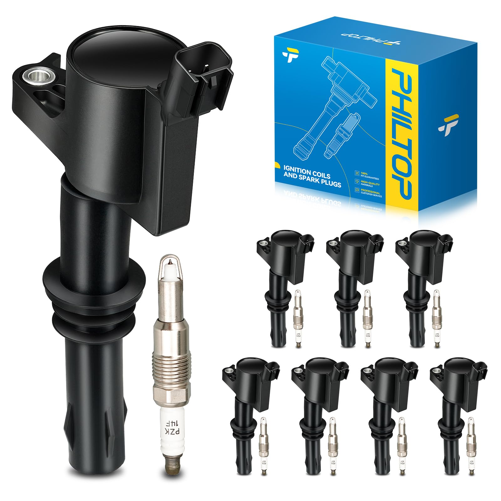 PHILTOP 8 Ignition Coils &amp; 8 Spark Plugs Set Fit for Ford F-150 Expedition