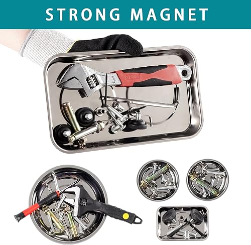 Miniatura 5 de Rechabite Juego de 5 bandejas magnéticas de acero inoxidable con imán para herramientas para tornillos, enchufes, pernos, pasadores, mecánicos y