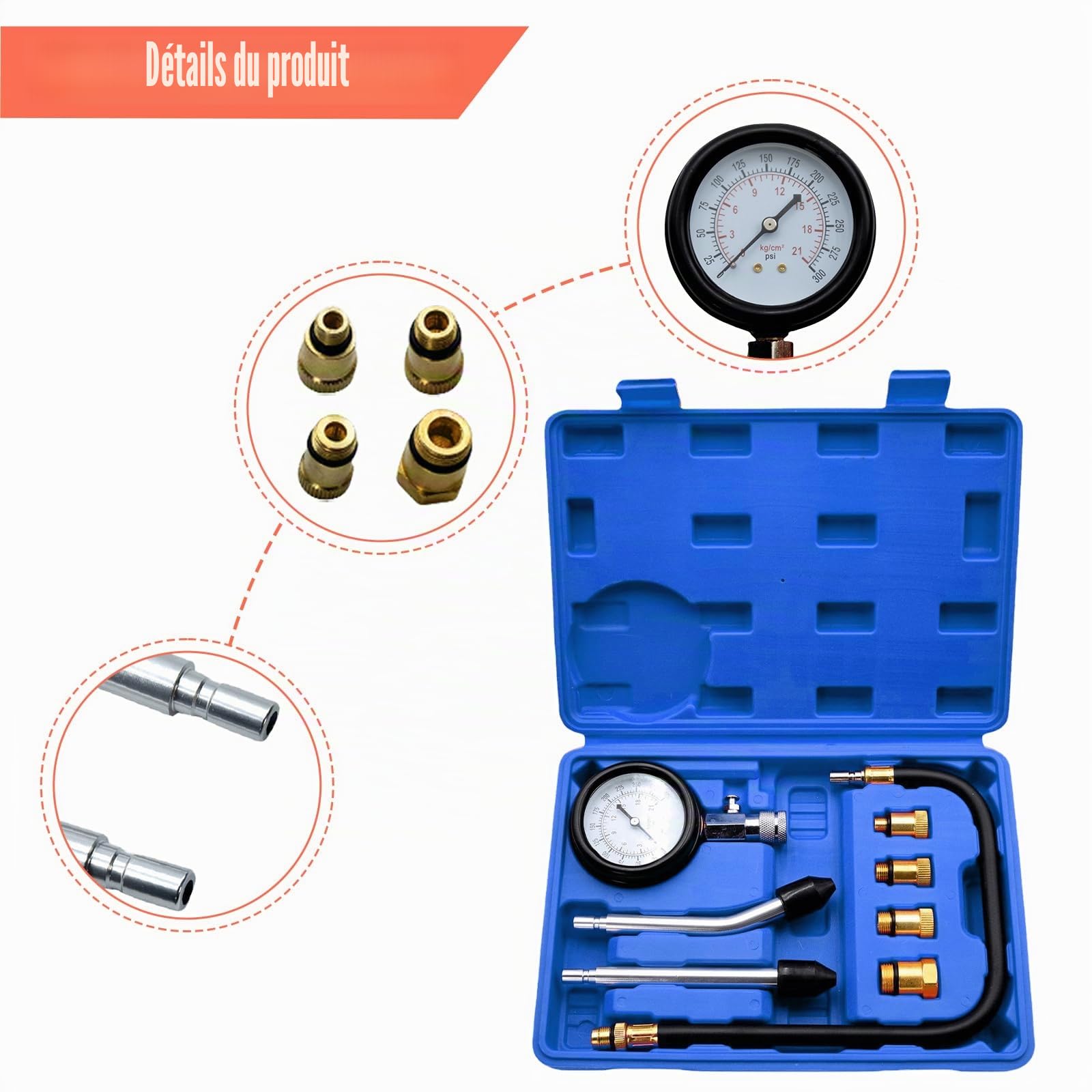 Vaileal Testeur de compression à essence, avec manomètre de bougie d'allumage et 4 adaptateurs, 0-20 bar ou 0-300 psi, testeur de pression M10, M12, M14, M18 pour voiture, camion