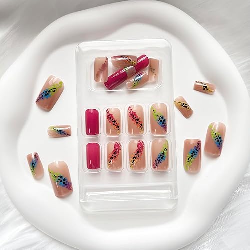 Miniatura 2 de 24 piezas de uñas postizas medianas cuadradas de ataúd, uñas postizas de cobertura completa, uñas postizas brillantes con diseños, uñas acrílicas