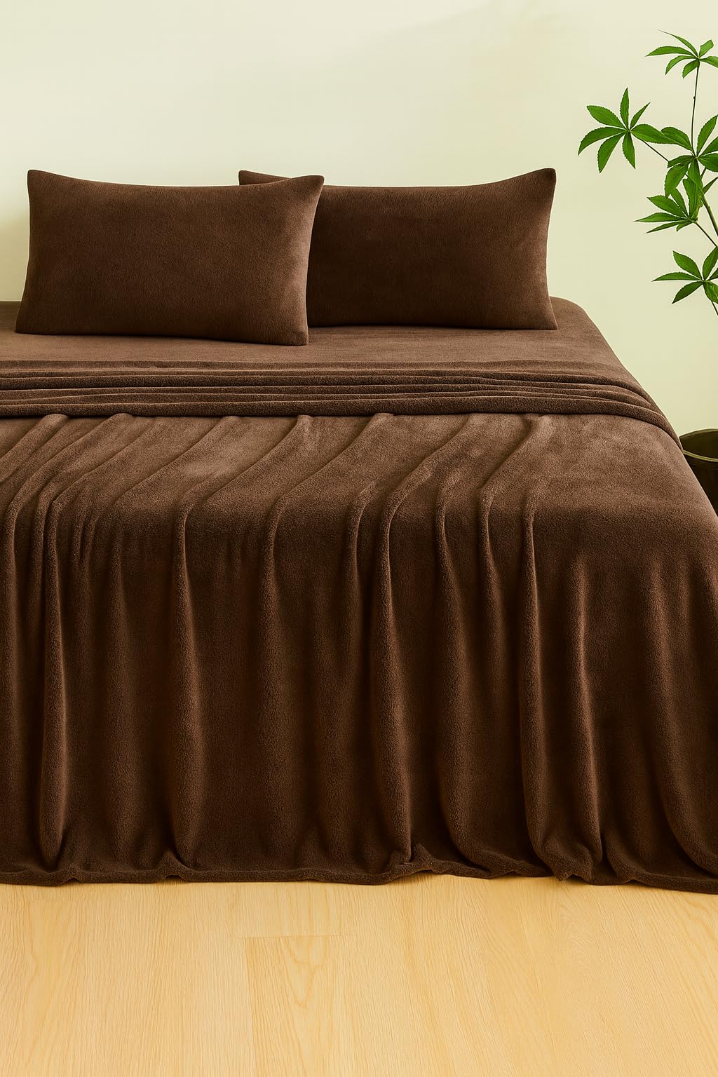 BEDCOUDRE Flannel Double Bed Bedsheet & Pillow Cover Set, Brown | Premium & Luxury, Ultra-Soft, Plush, Warm, Lightweight, 90x90 inches