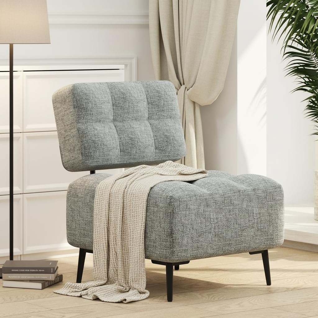 EROMMY Accent Chair, Armless Mid Century Modern Chair with Thick Cushion & Metal Legs, Polyester Leisure Comfy Side Corner Chair for Living Room, Bedroom, Study Room, Entryway - Light Gray
