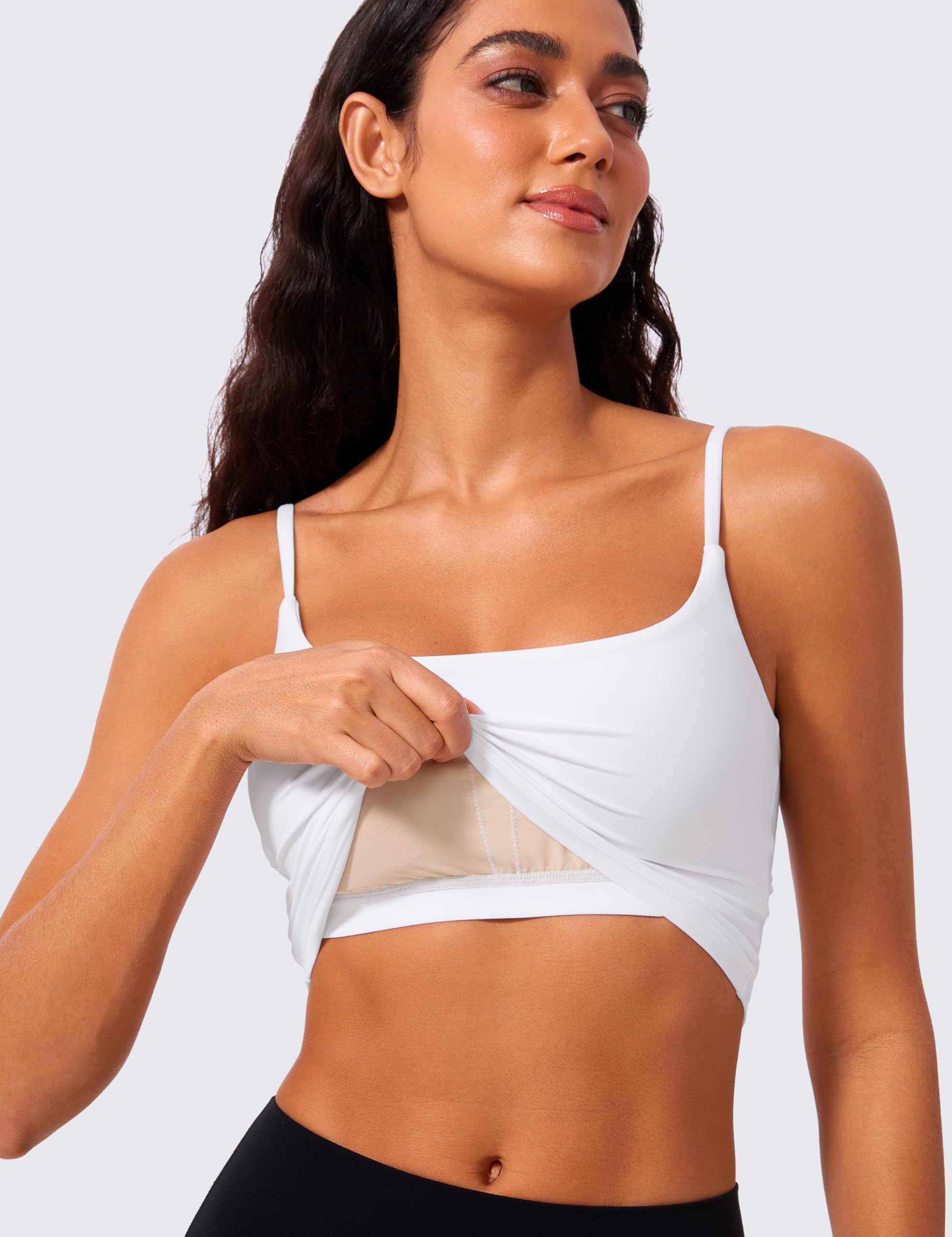 CRZ YOGA Butterlift Adjustable U Back Crop Tank Tops for Women - Padded Camisole Scoop Neck Workout Longline Sports Bras: Medium White