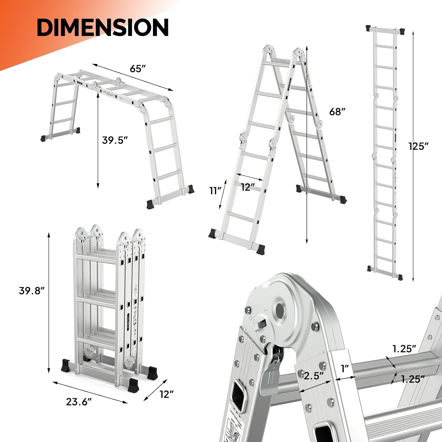 Detailed dimensions of the LUISLADDERS Multi-Purpose Ladder in various forms