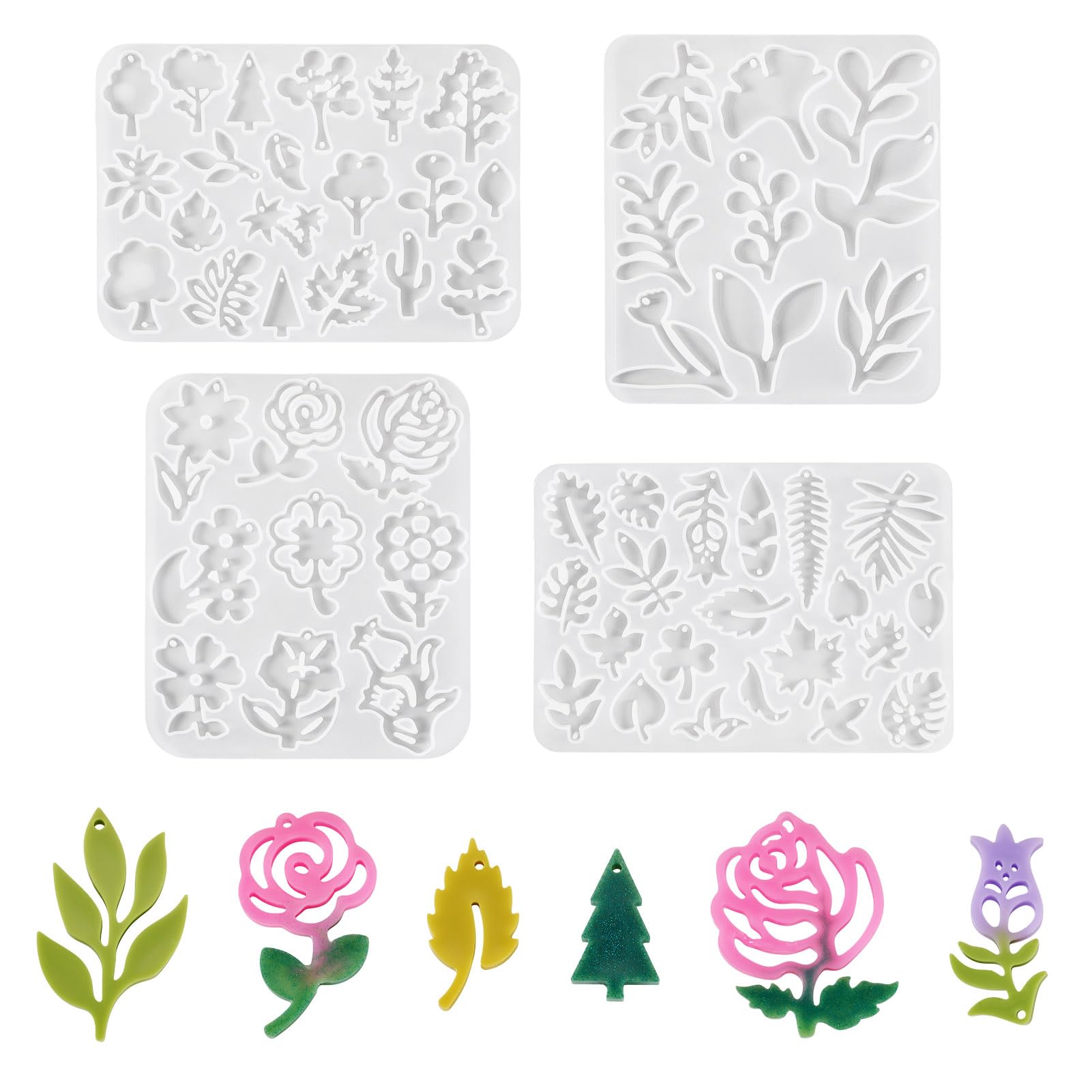 Boutigem 4Pcs Flower Leaf Pendant Resin Molds Assorted Plant Tree Floral Leaves Silicone Molds for Epoxy Resin Craft Casting DIY Earring Necklace Jewelry Making — image 1