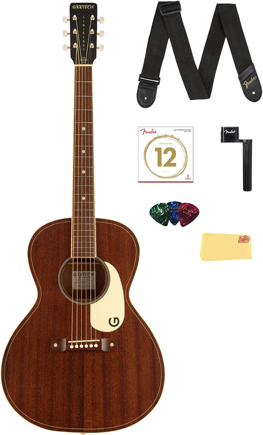 Gretsch Jim Dandy Concert Acoustic Guitar - Frontier Stain Bundle with Strings, Strap, Picks, String Winder, and Austin Bazaar Polishing Cloth