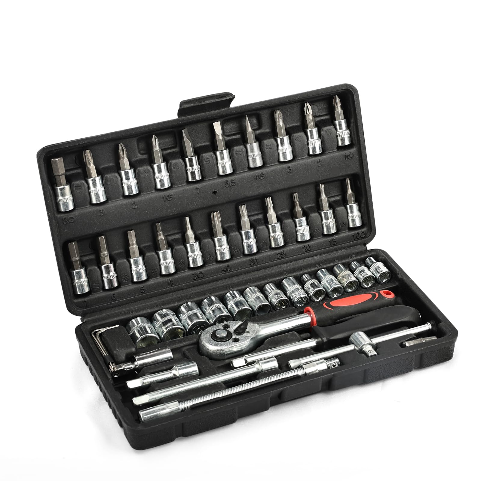 Set di chiavi a bussola, 46 pezzi, cromate da 1/4", piccola scatola a cricchetto con cricchetto reversibile, mini cassetta a cricchetto per la riparazione a casa e fai da te, colore: nero