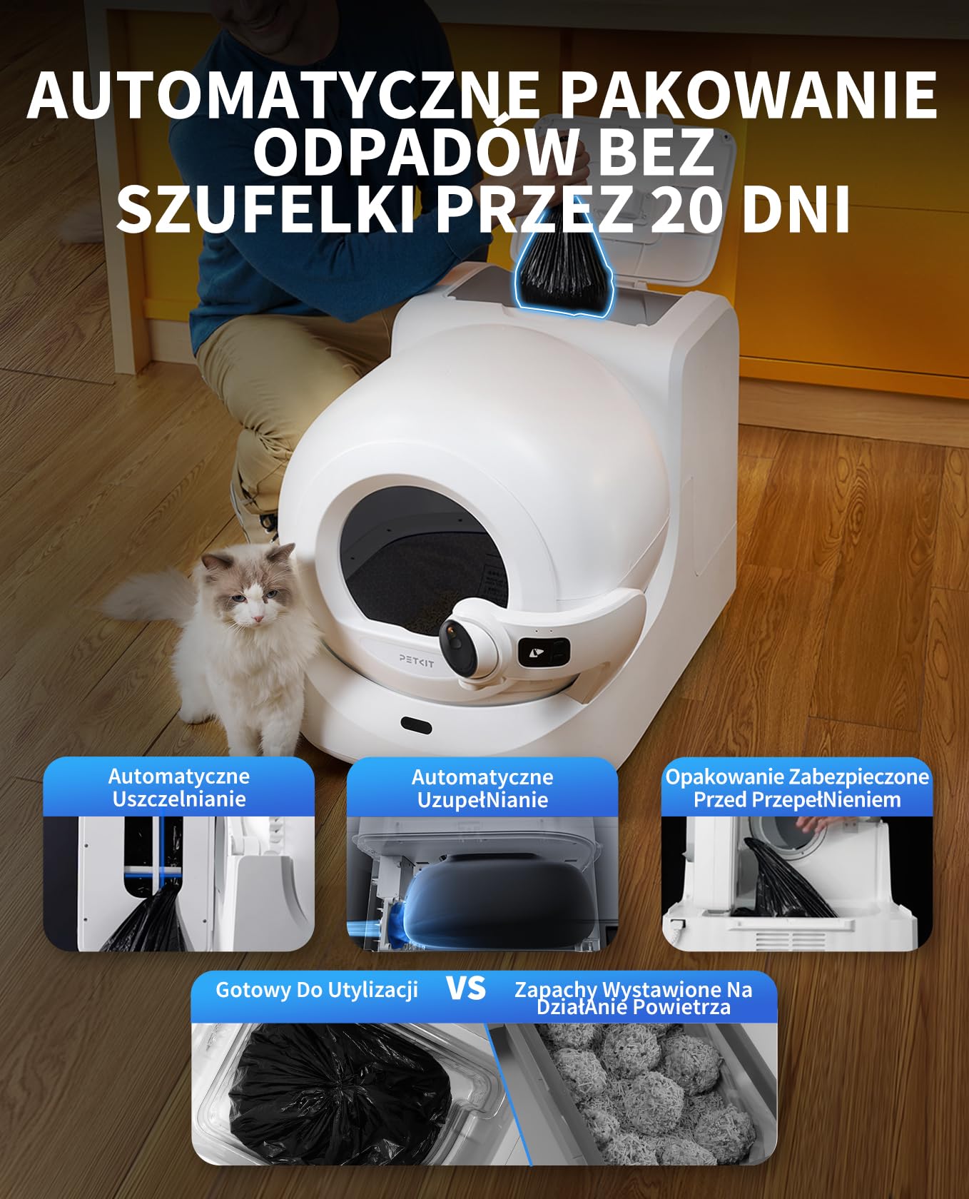 PETKIT PUROBOT ULTRA Samoczyszcząca Kuweta dla Kota, Kamera AI, Automatyczne Pakowanie, Automatyczna Kuweta dla Kota, 2.4G i 5G Wifi, Kontrola Aplikacji, Eliminacja Zapachów, 70L, dla Różnych Kotów