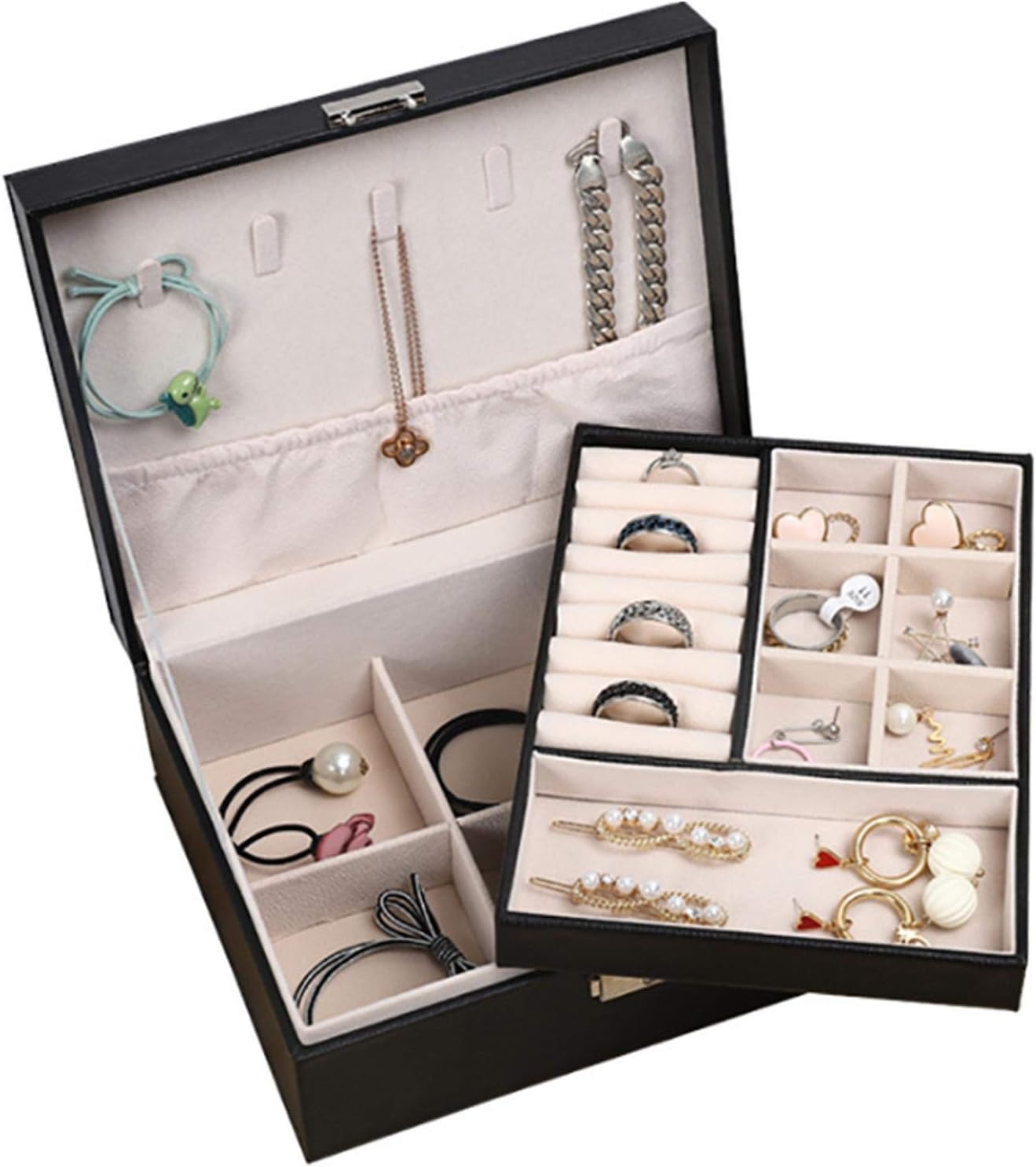 GHQBDMG Leather Jewelry Box,Snap On Jewelry Box for Women Girls,Jewelry Organizer Storage Case with Two Layers Display for Earrings Bracelets Rings Watches(Black)