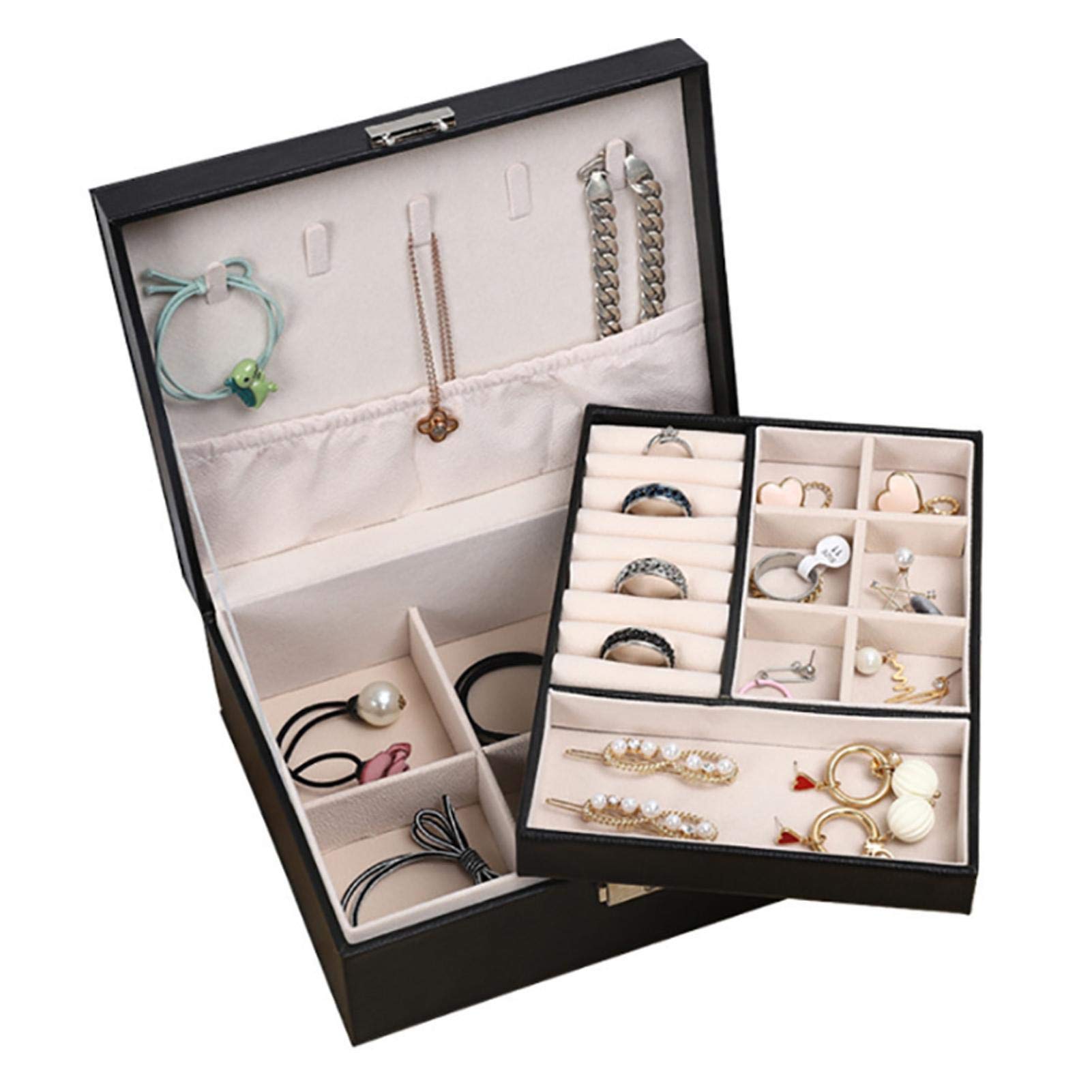 GHQBDMG Leather Jewelry Box,Snap On Jewelry Box for Women Girls,Jewelry Organizer Storage Case with Two Layers Display for Earrings Bracelets Rings Watches(Black)