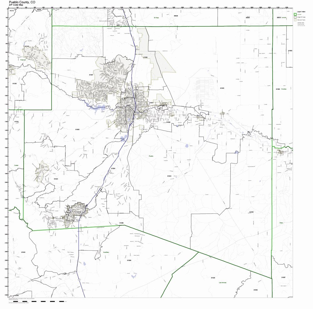 Pueblo County, Colorado CO ZIP Code Map Not Laminated