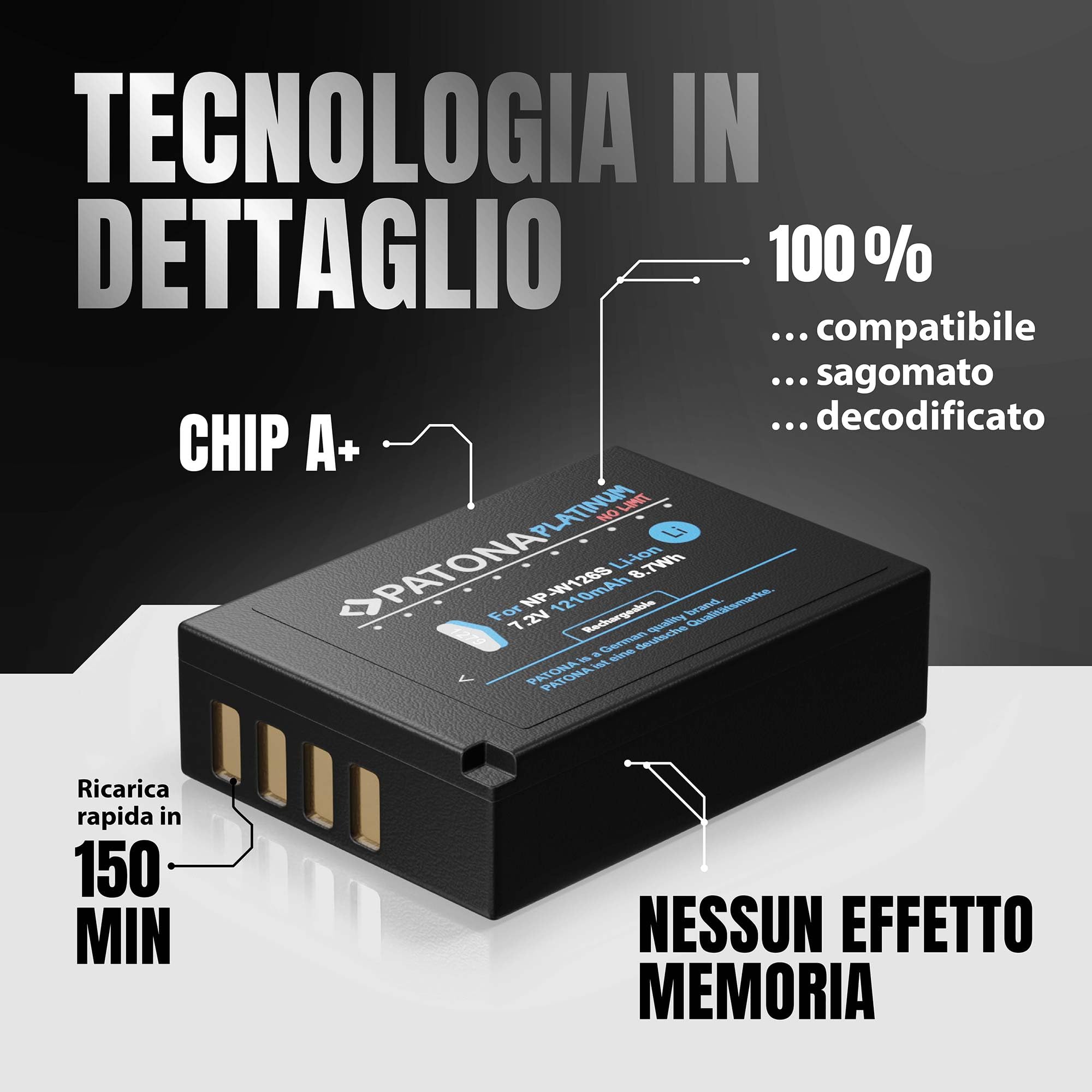 PATONA 2x Platinum Batteria NP-W126s 1210mAh – ricambio per Fuji Fujifilm X-T5 X-T50 X100VI X100F X-S10 X-M5 X-T30 II X-Pro3 – celle ad alte prestazioni, doppio pack