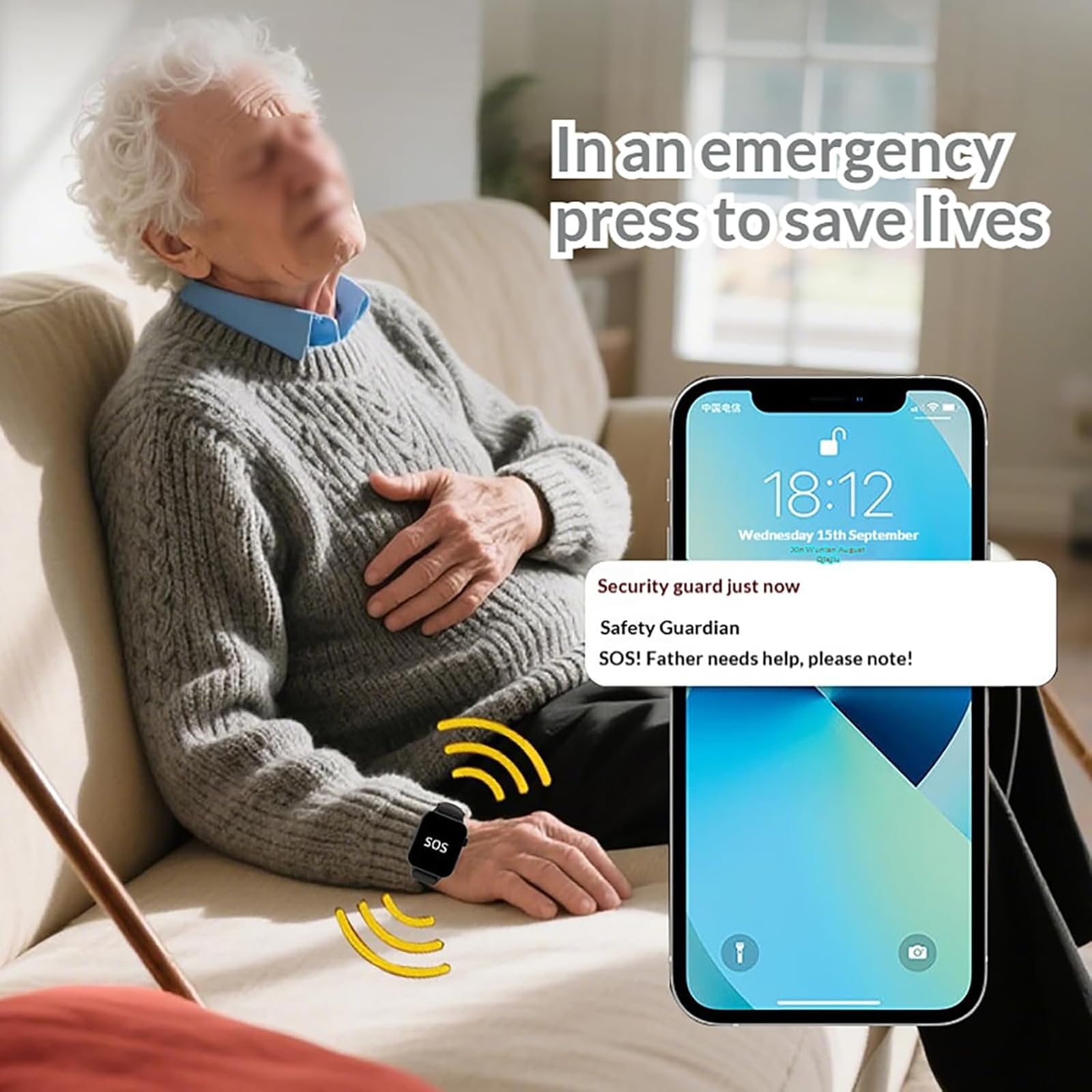 Orologio intelligente con rilevamento di cadute per anziani, chiamate bidirezionali, localizzatore GPS, allarme SOS medico, impermeabile IP67, monitoraggio della salute per la sicurezza degli anziani