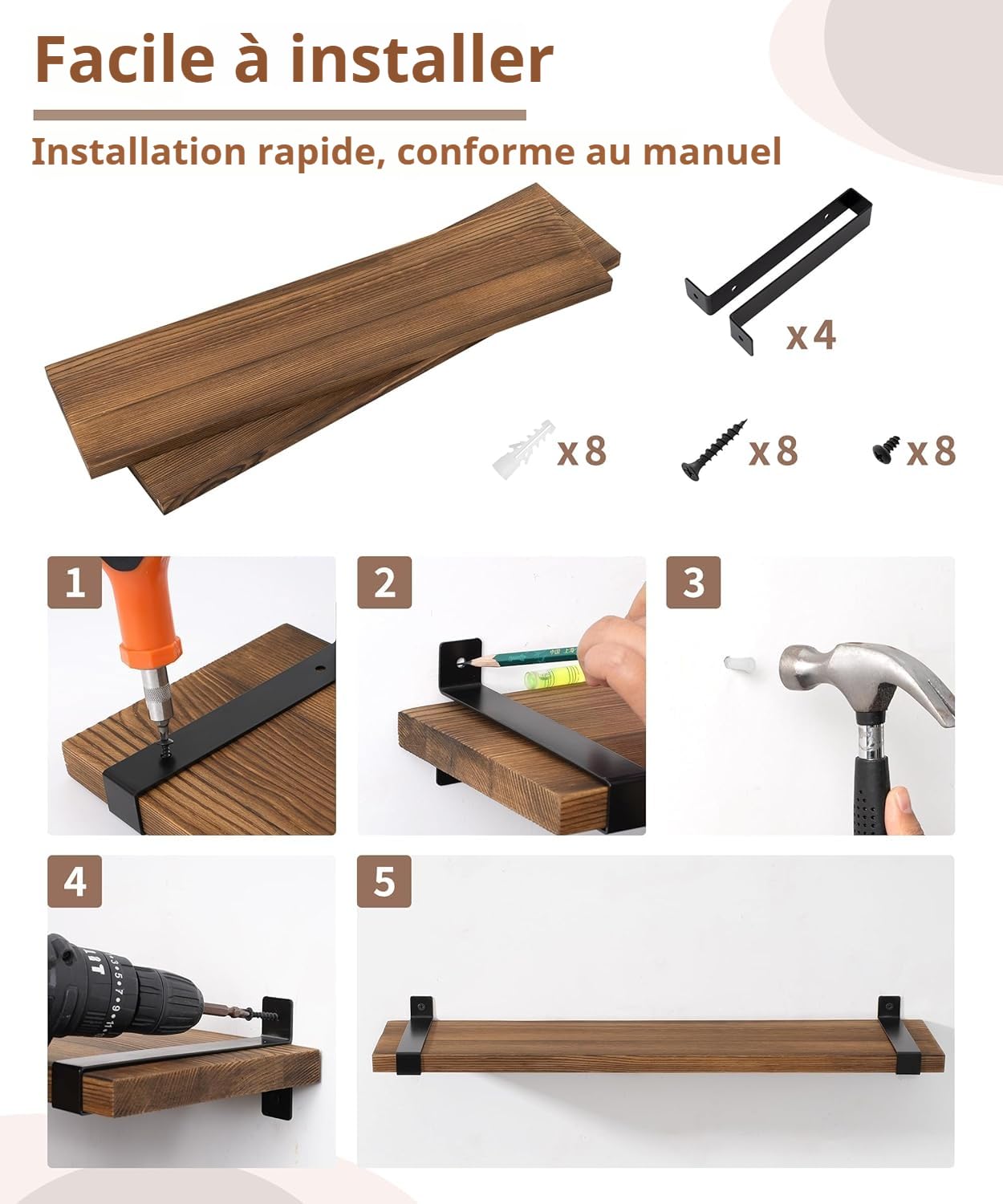 Gronda Estantería de Pared Larga, Baldas de Madera Marrón con Soporte Metal | 60cm Estantes de Pared Juego de 2, Repisa, Almacenaje, Decoración, Balda Flotante para Fotos, Plantas, para Salón